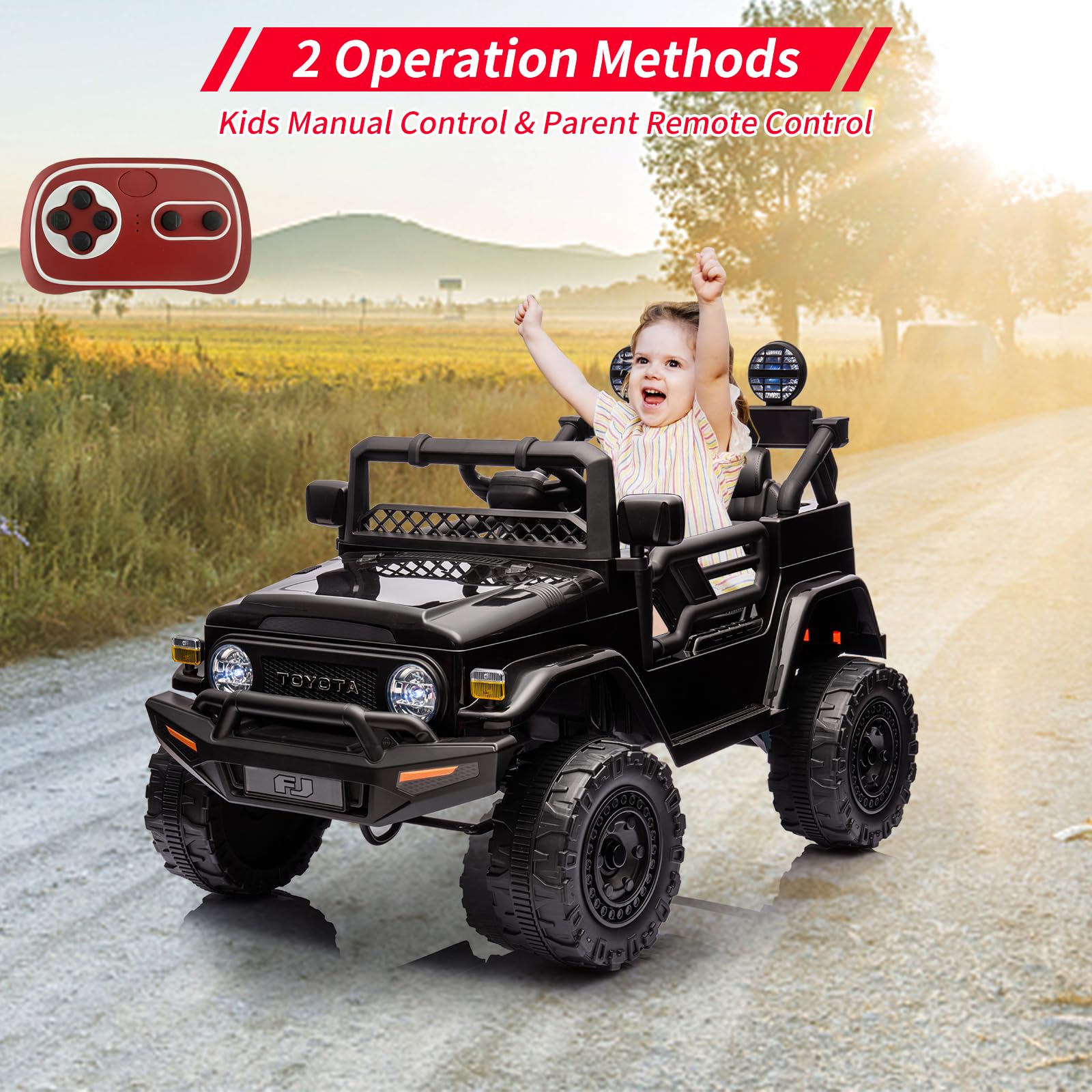 12V Licensed Toyota Ride-On Truck for Kids - Battery-Powered Electric Car with Remote Control, Music, LED Lights & Suspension System - Double Doors & Safety Belt - Perfect for Indoor & Outdoor Play, Birthday Gifts & Family Fun (Black)