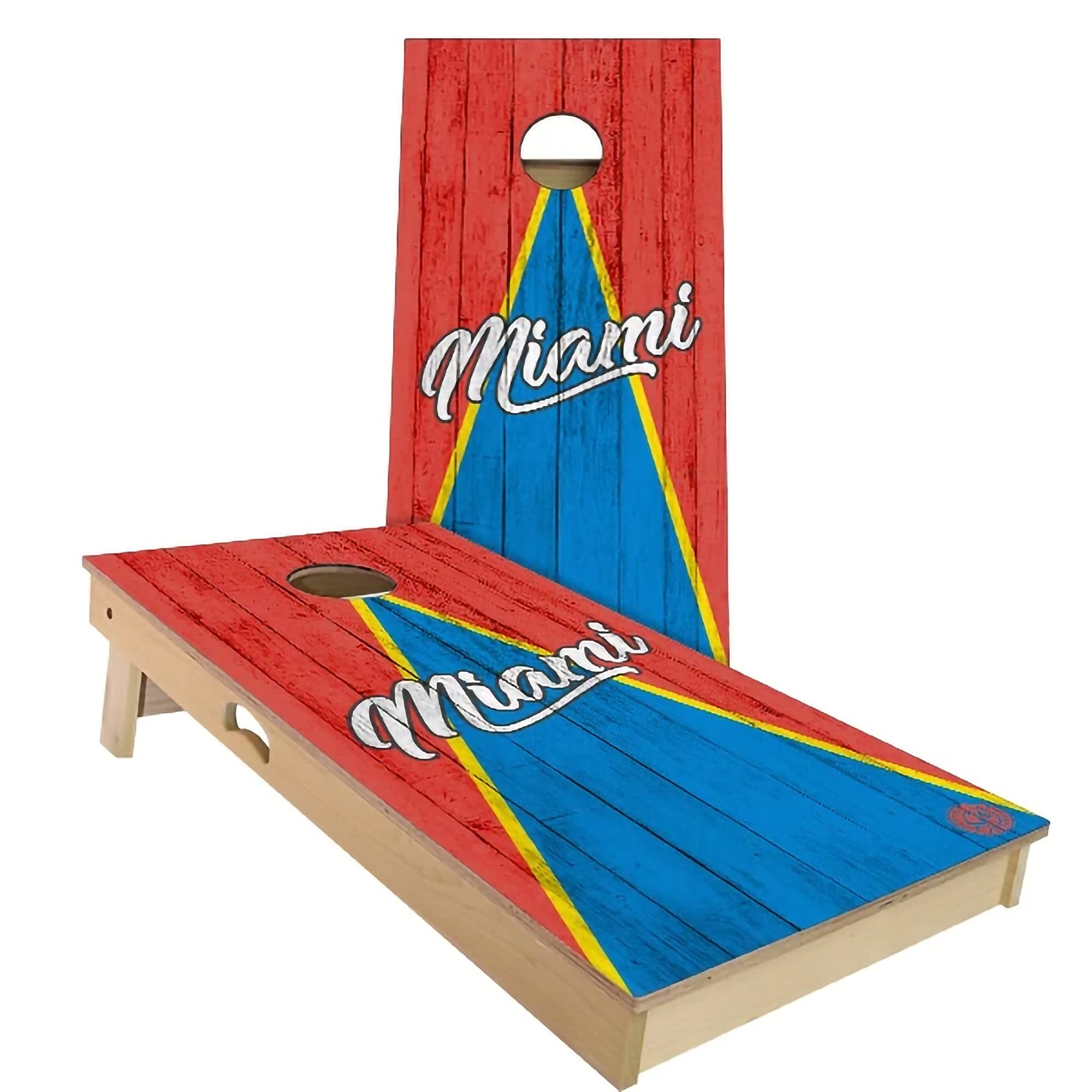 Skip's Garage Miami Triangle Themed Cornhole Set - Premium Solid Wood Custom Cornhole Boards - Made in USA - Choose Size & Accessories - Perfect for Backyard Parties, Tailgating & Outdoor Games
