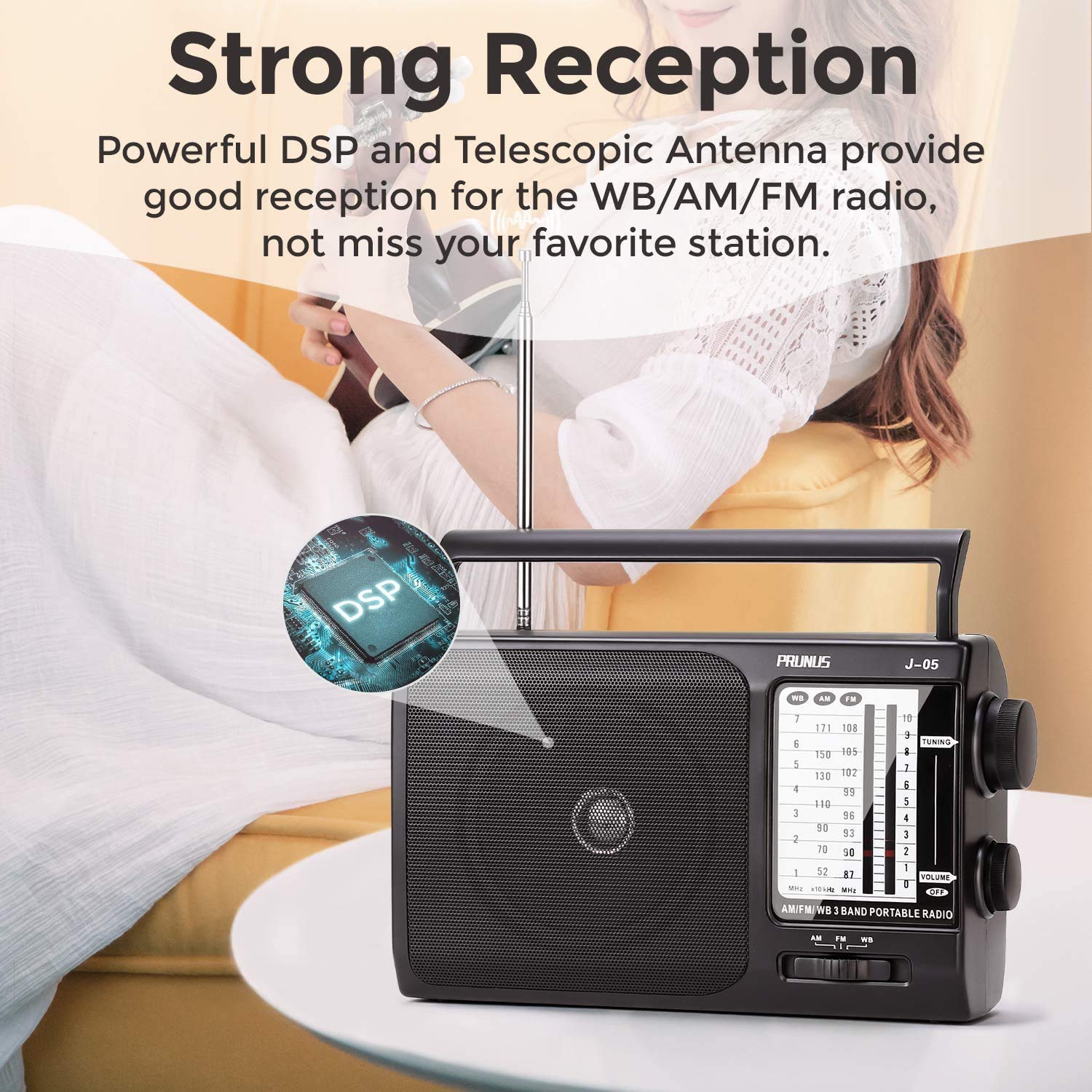 NOAA Weather AM FM Portable Radio with Best Reception - Battery or AC Powered Transistor Radio for Home, Emergency, Camping & Outdoor Use - Includes 3X D Cell Batteries & Wall Plug by PRUNUS