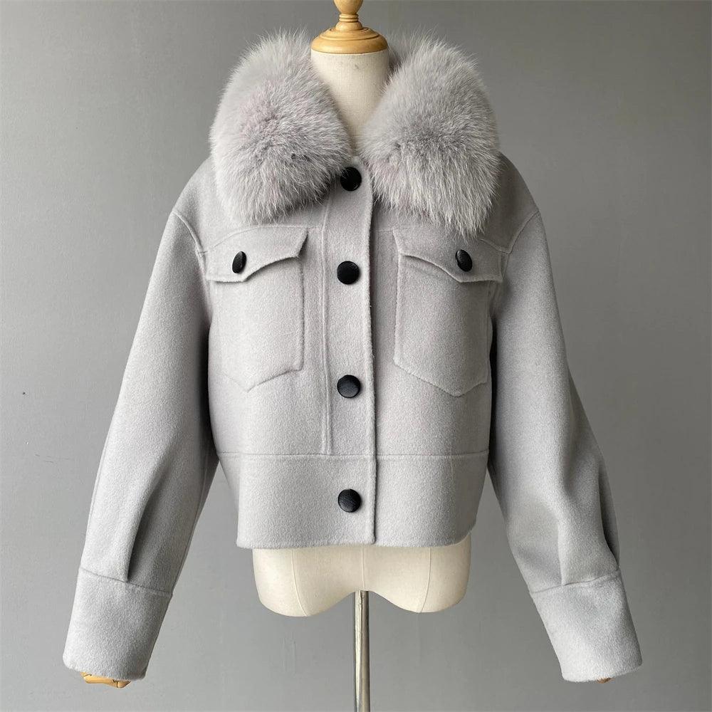 Luxury Women's Cashmere Wool Coat with Real Fur Collar - Winter Cropped Jacket, Full Sleeves & Pockets - Streetwear Outerwear for Cold Weather & Fashion Outings