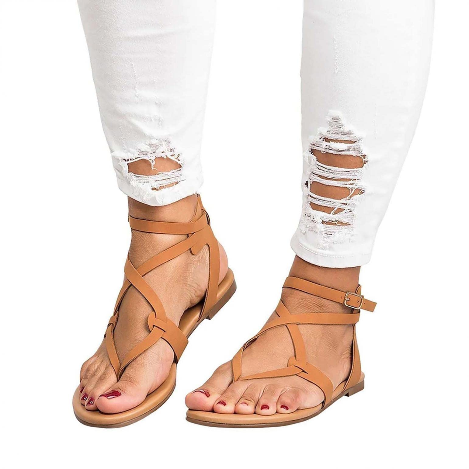 Women's Summer Gladiator Sandals - Dressy Buckle Ankle Strap Flat Sandals for Casual Wear, Beach & Vacation | Roman Style Clip Toe Sandals for Ladies & Girls | Perfect for Outdoor Events, Date Nights & Summer Fashion