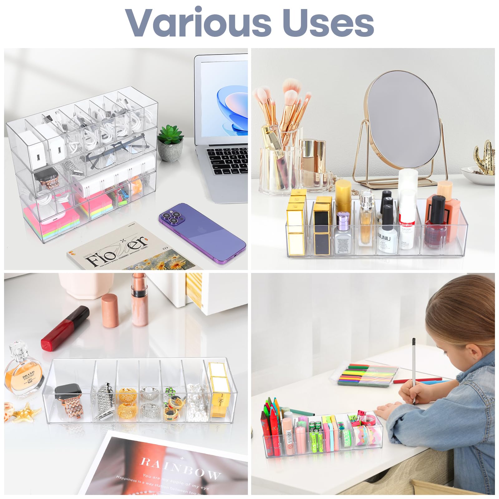 4-Pack Clear Plastic Cord Organizer Box with 32 Cable Ties & 8 Adjustable Dividers - Cable Management Solution for Home Office, Desk Drawer, Electronics Storage - Perfect for Organizing Chargers, Wires, and Small Accessories