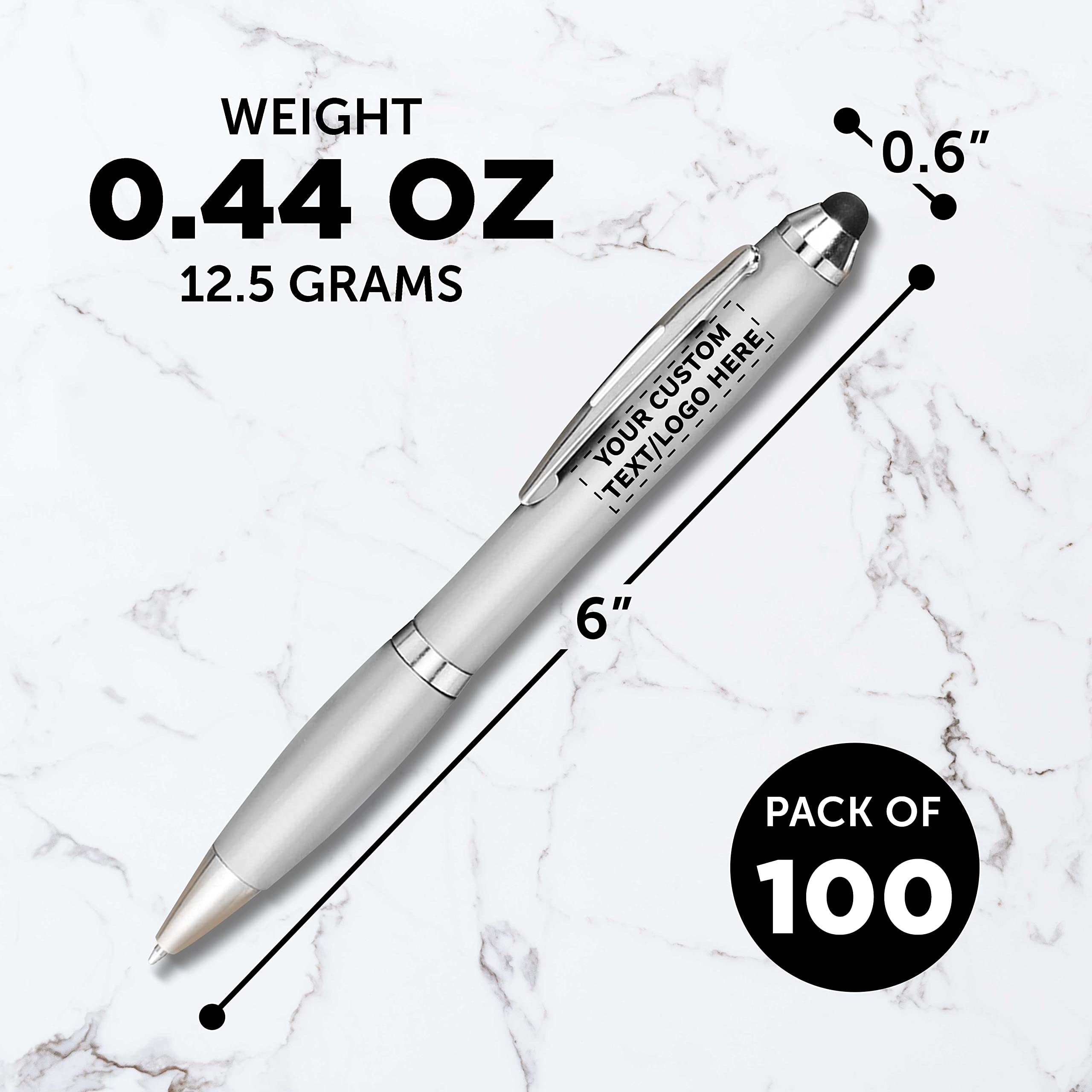 Custom Plastic Stylus Pens - Bulk Pack of 100 with Black Ink | Personalized Promotional Pens for Office, School & Business | Ideal for Tradeshows, Events & Giveaways | Silver Barrel Design