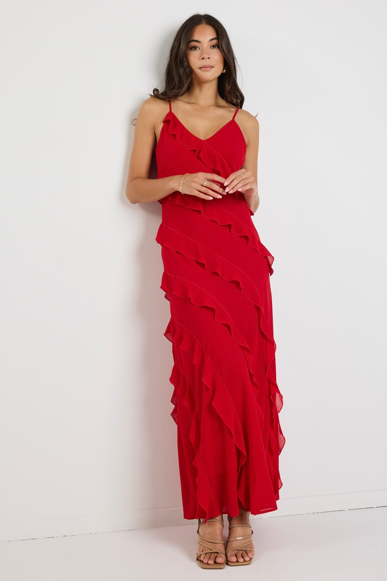 Elegant Galore Flame Bias Ruffle Slip Maxi Dress for Women - Flowy Summer Beach Wedding Party Gown - Perfect for Vacations, Date Nights & Special Occasions
