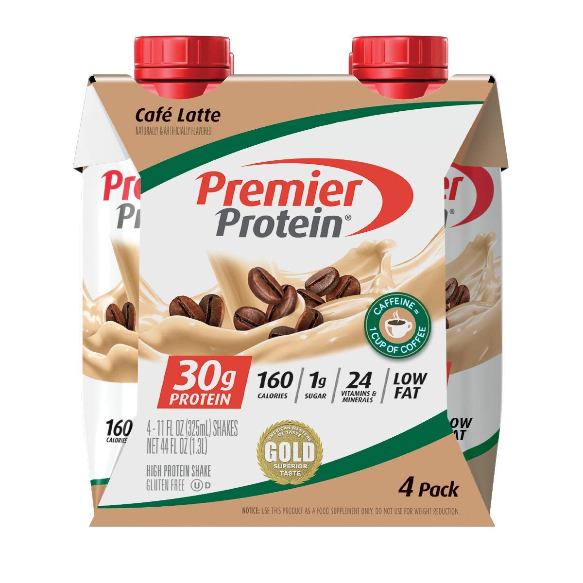 Premier Protein Shake - Café Latte Flavor, 30g Protein, 1g Sugar, 24 Vitamins & Minerals for Immune Support, 11oz (4 Pack) - Perfect for Post-Workout Recovery, Meal Replacement & On-the-Go Nutrition