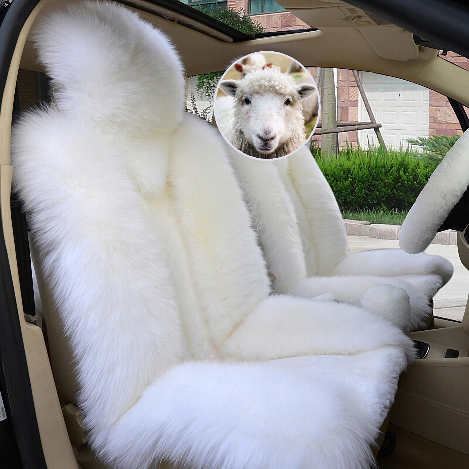 Premium Universal Sheepskin Car Seat Covers - Easy Install, Genuine Australian Wool, Airbag Compatible for Sedan, Truck, SUV & Van - Extra Dense Pelt for Ultimate Comfort (White) | Perfect for Long Drives, Winter Warmth & Luxury Interior Upgrade