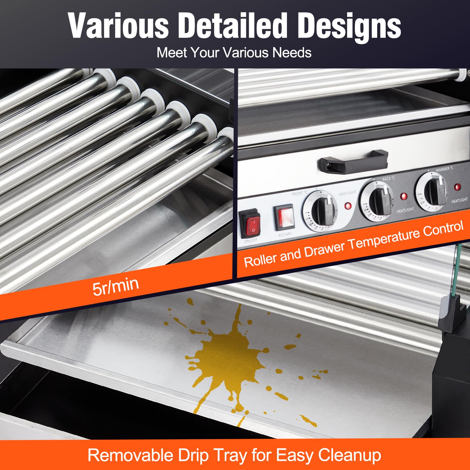 GARVEE 18 Capacity 1350W Stainless Steel 7-Roller Commercial Sausage Grill Machine for Restaurants, Food Trucks & Outdoor BBQ Parties