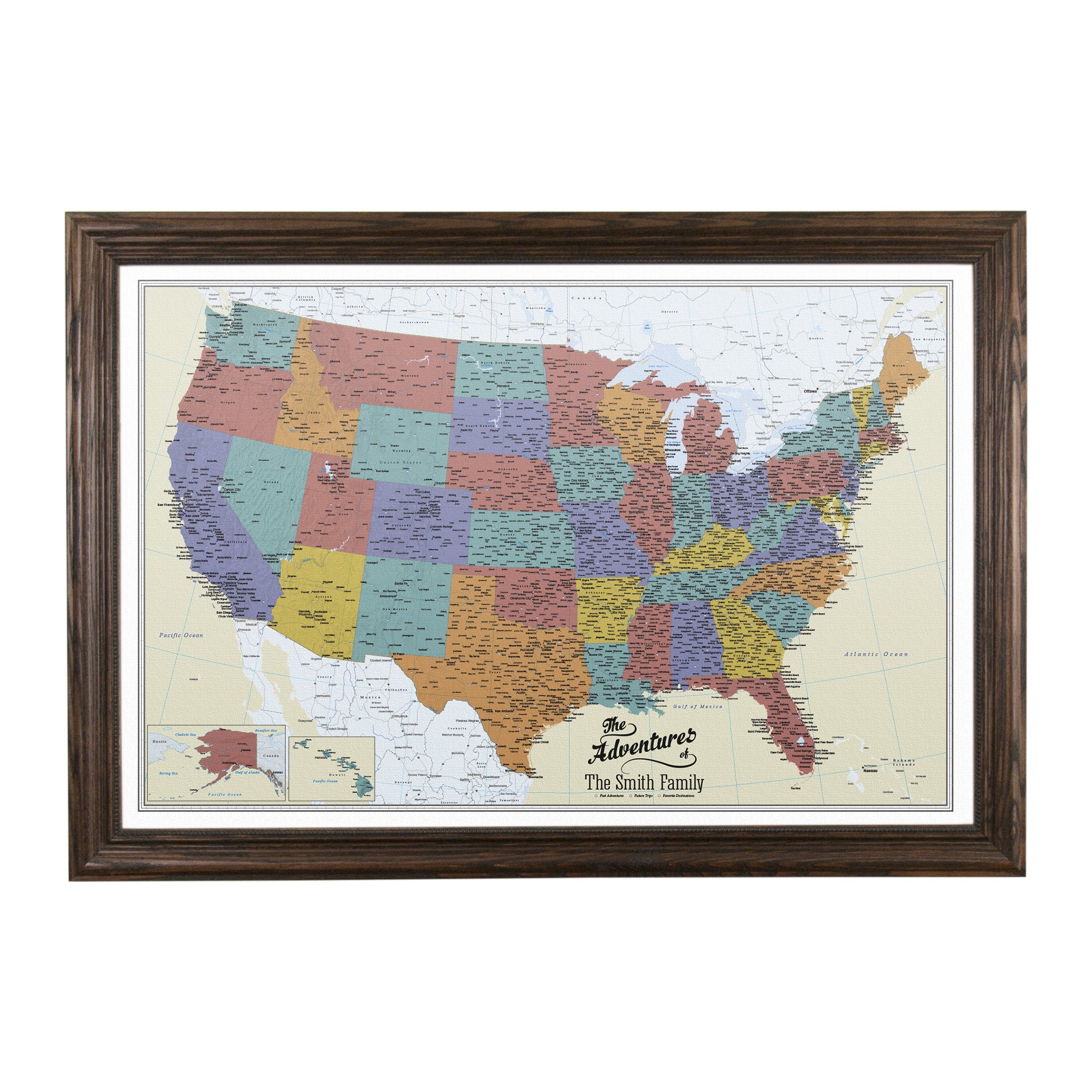 Personalized Tan Oceans USA Push Pin Travel Map with Solid Wood Brown Frame - Perfect for Home Decor, Travel Planning & Gifts