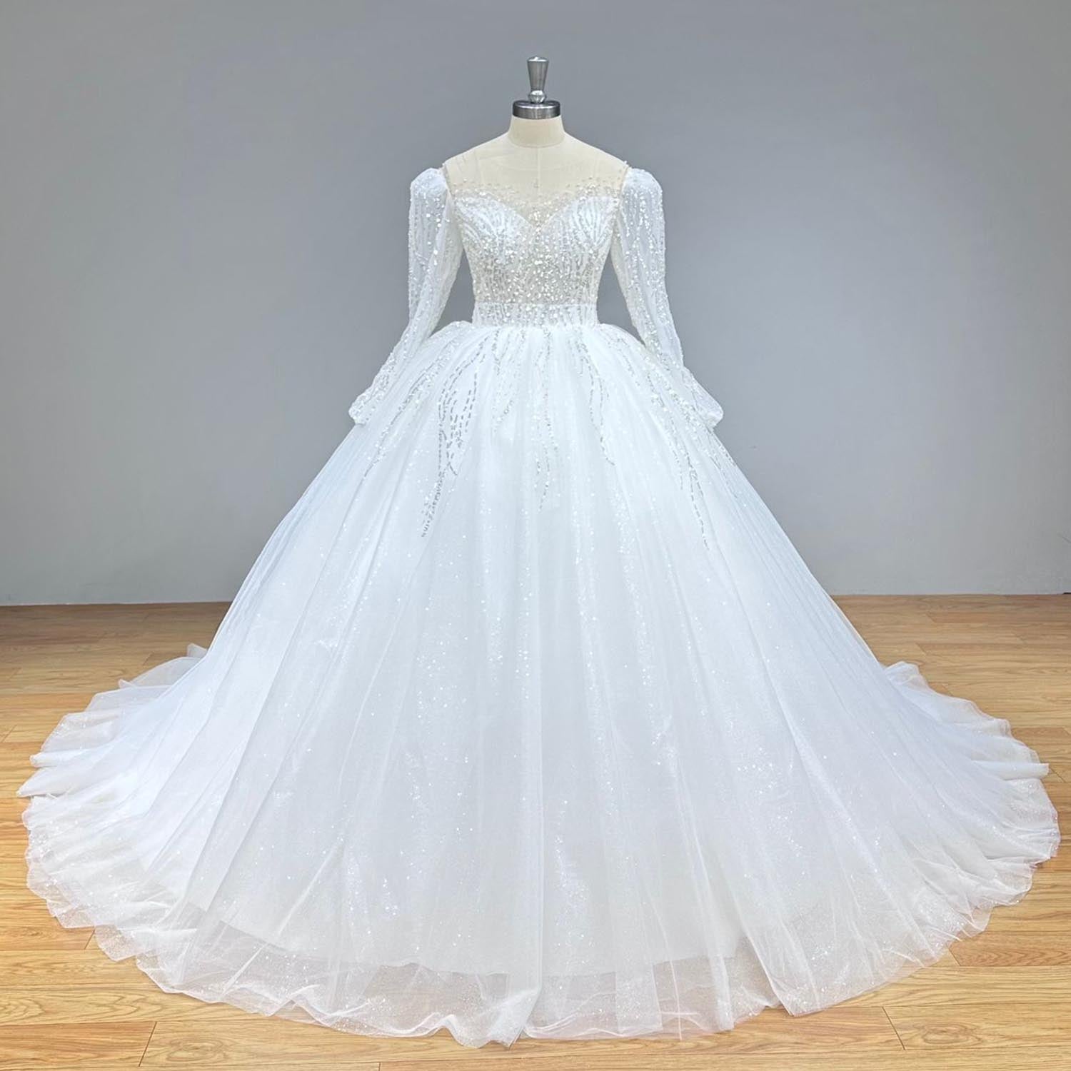 Sparkling Long Sleeve Wedding Dress with Lace-Up Back & Sequined Beading - Perfect for Bridal, Prom, and Formal Occasions