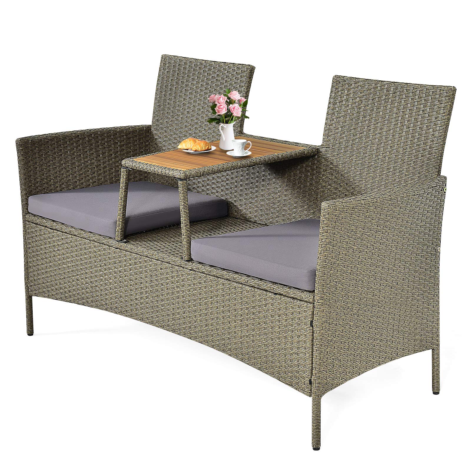 Happygrill Patio Rattan Loveseat Outdoor 2-Person Wicker Conversation Set with Built-in Table & Cushion - Modern Rattan Sofa Furniture with Wood Coffee Table & Storage - Perfect for Backyard, Garden, Poolside & Balcony Relaxation