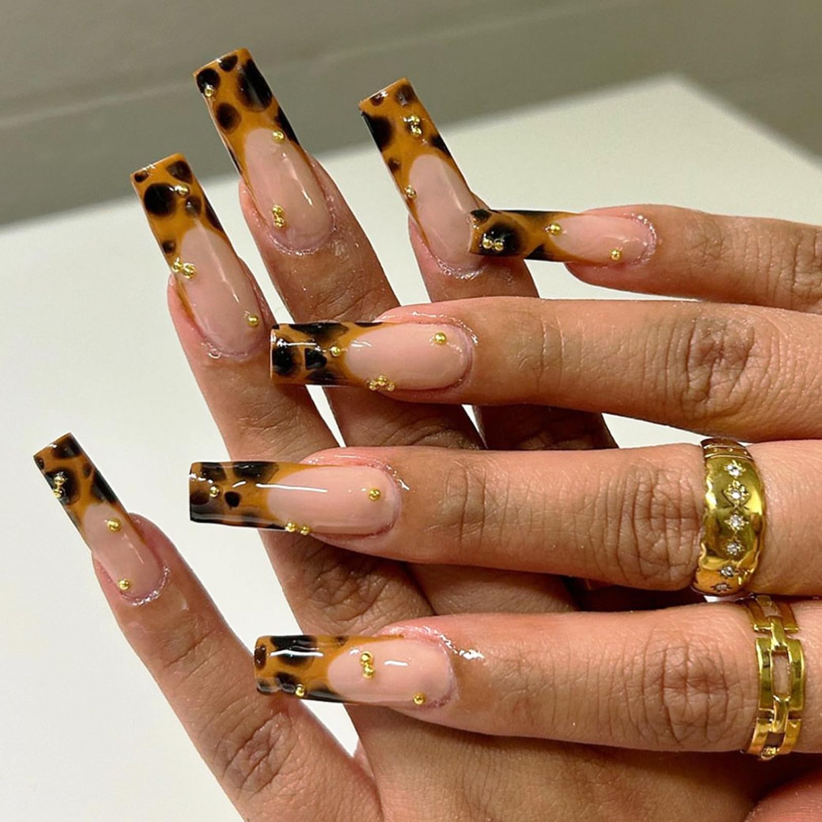 Leopard Press on Nails - 24pcs Long Square Fake Nails with Gold Rhinestone & French Tip Designs | Glossy Reusable Stick on Nails for Women & Girls | Perfect for Parties, Weddings, and Everyday Manicure