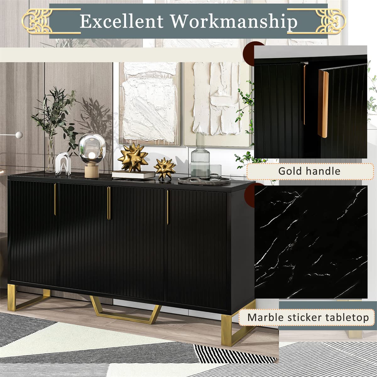 Modern 4-Door Mid Century Storage Cabinet with Metal Handles & Legs - Adjustable Shelves Kitchen & Living Room Sideboard - Black | Perfect for Dining Room, Hallway & Home Office Organization