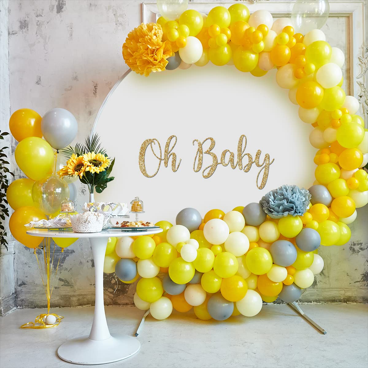 Oh Baby Round Backdrop 8ft (2.5m) White Polyester Baby Shower Birthday Cake Table Decoration - Perfect for Baby Showers, Birthday Parties, and Photo Backdrops