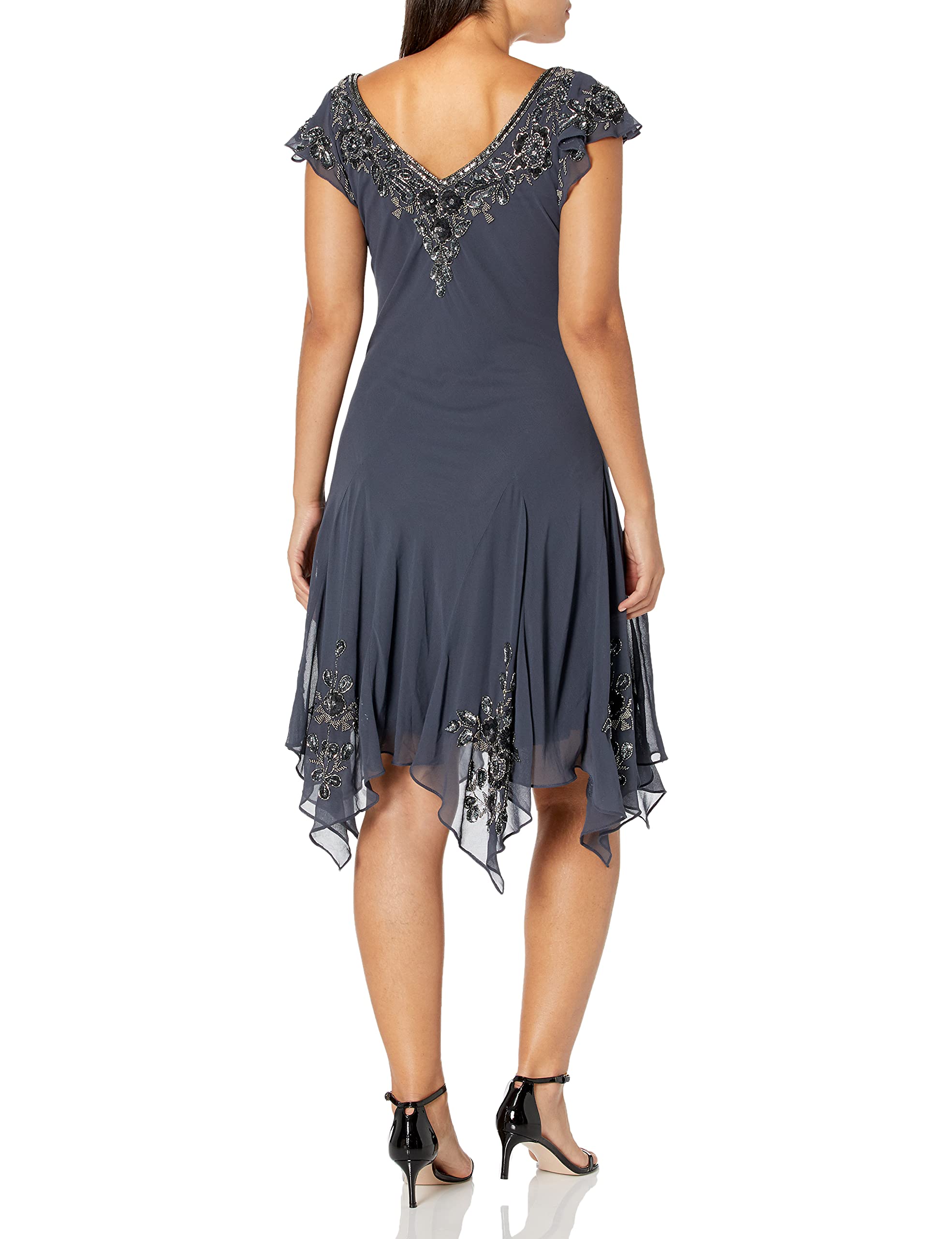 J Kara Women's Plus Size Petite Flutter Sleeve Hanky Hem Short Cocktail Beaded Dress - Elegant Party Wear for Weddings, Date Nights & Special Occasions