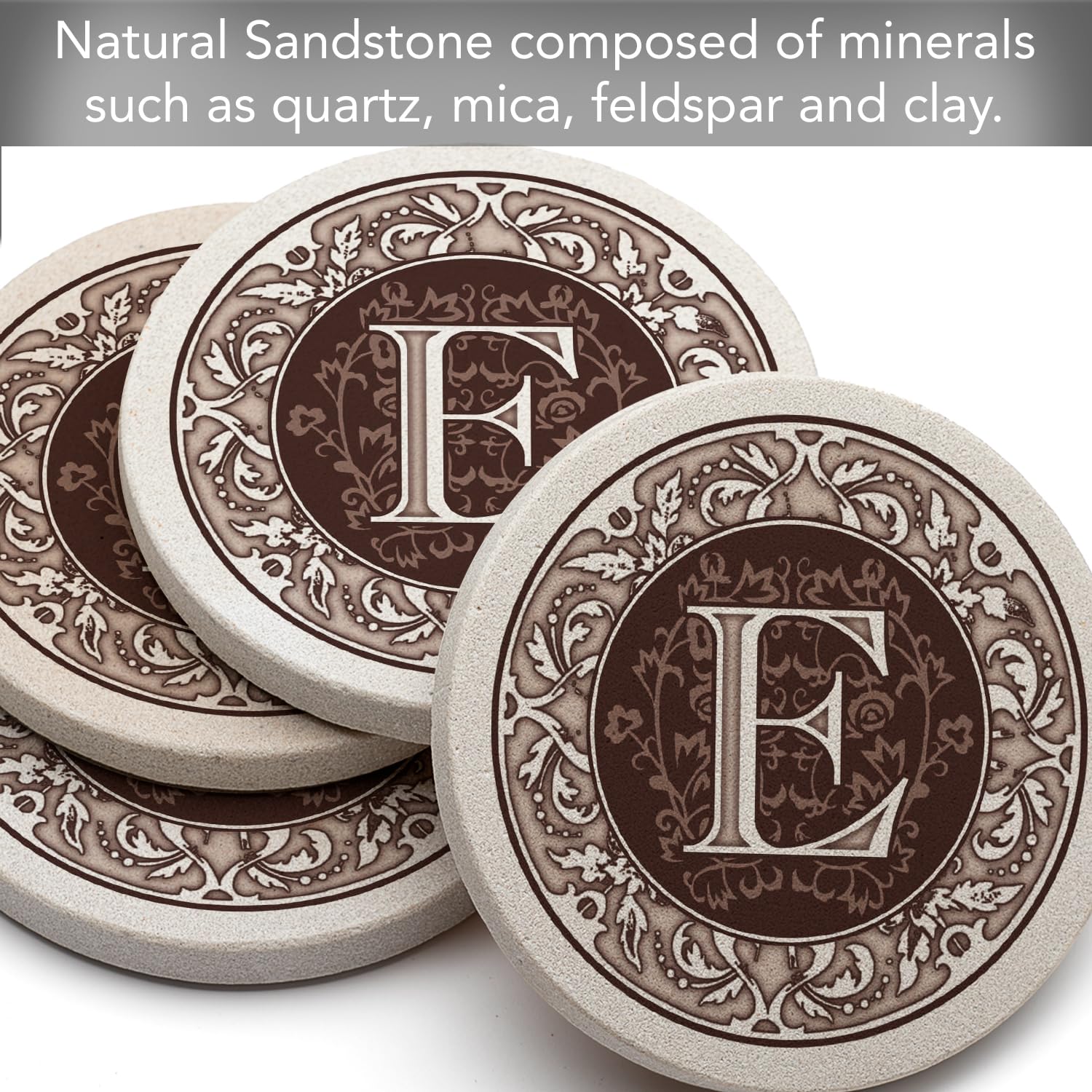 Thirstystone Monogram Letter E Absorbent Sandstone Coaster Set of 4 - Made in USA, Decorative & Functional Drink Coasters for Home, Office, Bar - Perfect for Protecting Tables from Water Rings & Stains