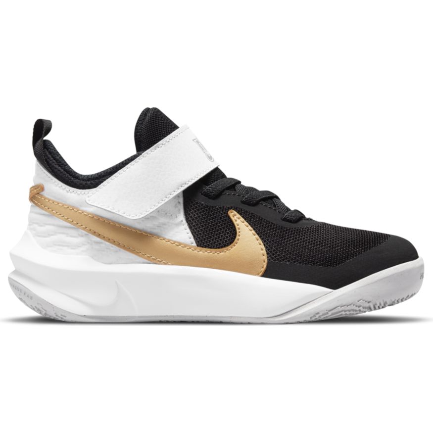 Nike Team Hustle D 10 A/C Kids Basketball Shoes - Black/White/Gold - Breathable Mesh & Cushioned Support - Perfect for School Sports & Outdoor Play