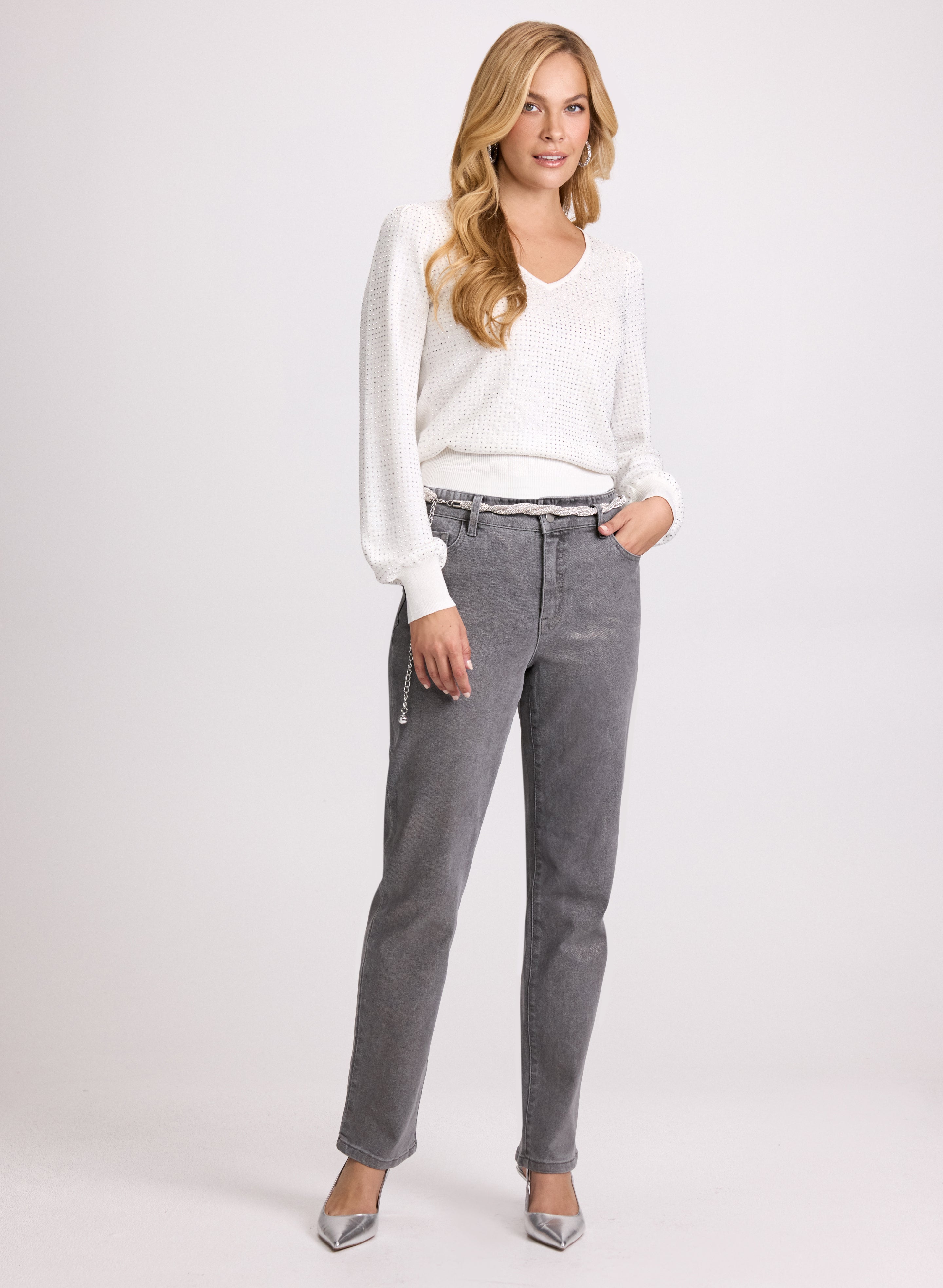 Embellished V Neck Sweater for Women - Elegant Knit Pullover with Beaded Details | Perfect for Office Wear, Date Nights & Holiday Parties