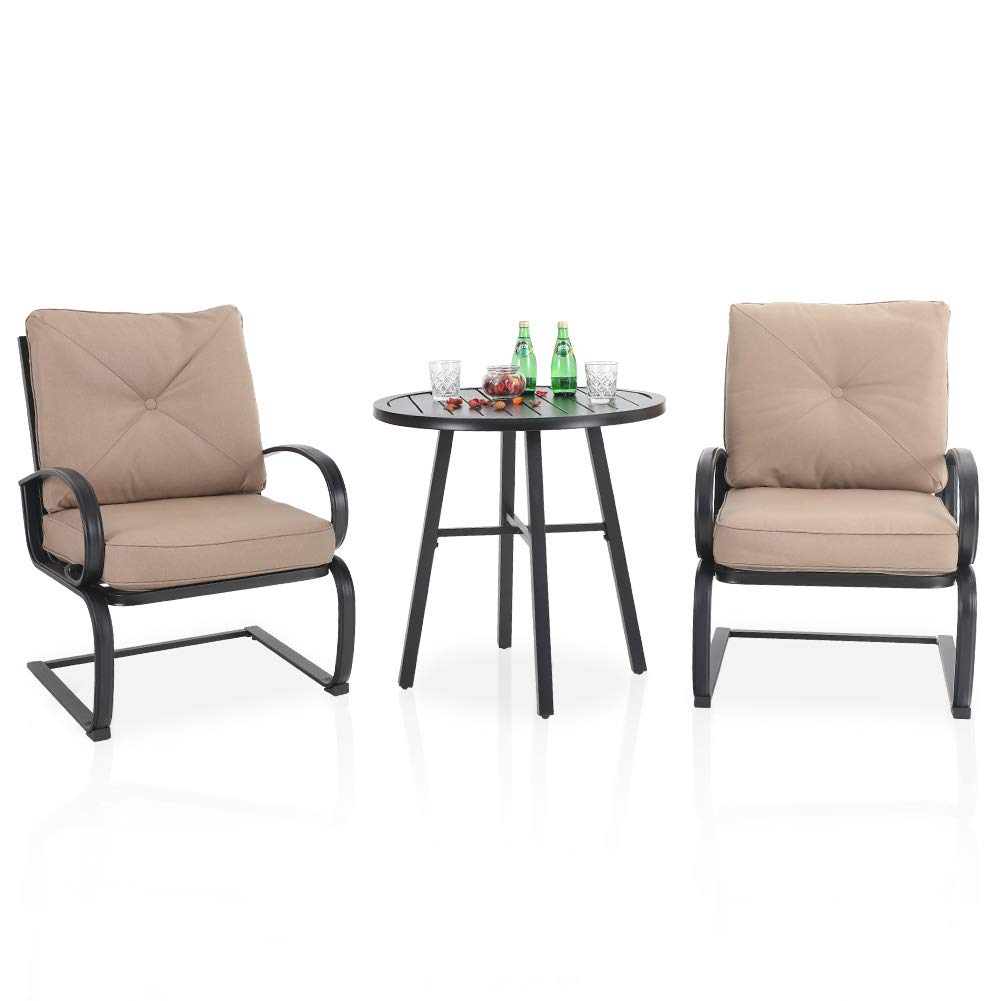 PHI VILLA 3-Piece Outdoor Patio Furniture Set - 2 Comfortable C-Spring Motion Lounge Chairs with Thick Cushions & 28