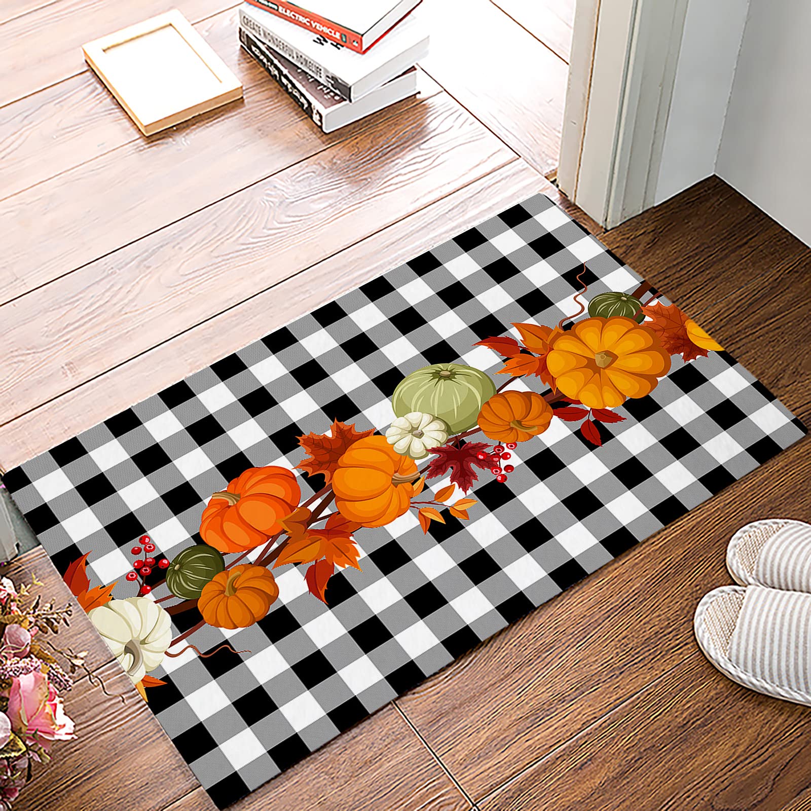 Buffalo Plaid Fall Doormat - Non-Slip, Dirt Proof Thanksgiving Welcome Mat (20x32 Inch) for Entryway, Indoor, Garage | Water Absorbent Rug with Pumpkin & Maple Leaf Design for Seasonal Home Decor