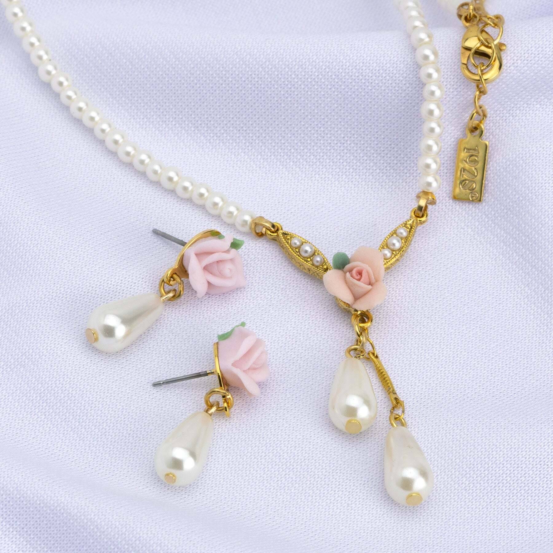 1928 Vintage Bridal Pink Porcelain Rose & Faux Pearl Drop Earrings - Elegant Wedding Jewelry for Brides, Bridesmaids & Special Occasions