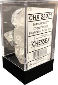 **Chessex Polyhedral 7-Dice Set - Translucent Clear with White Numbers - Perfect for D&D, RPGs, and Tabletop Gaming**