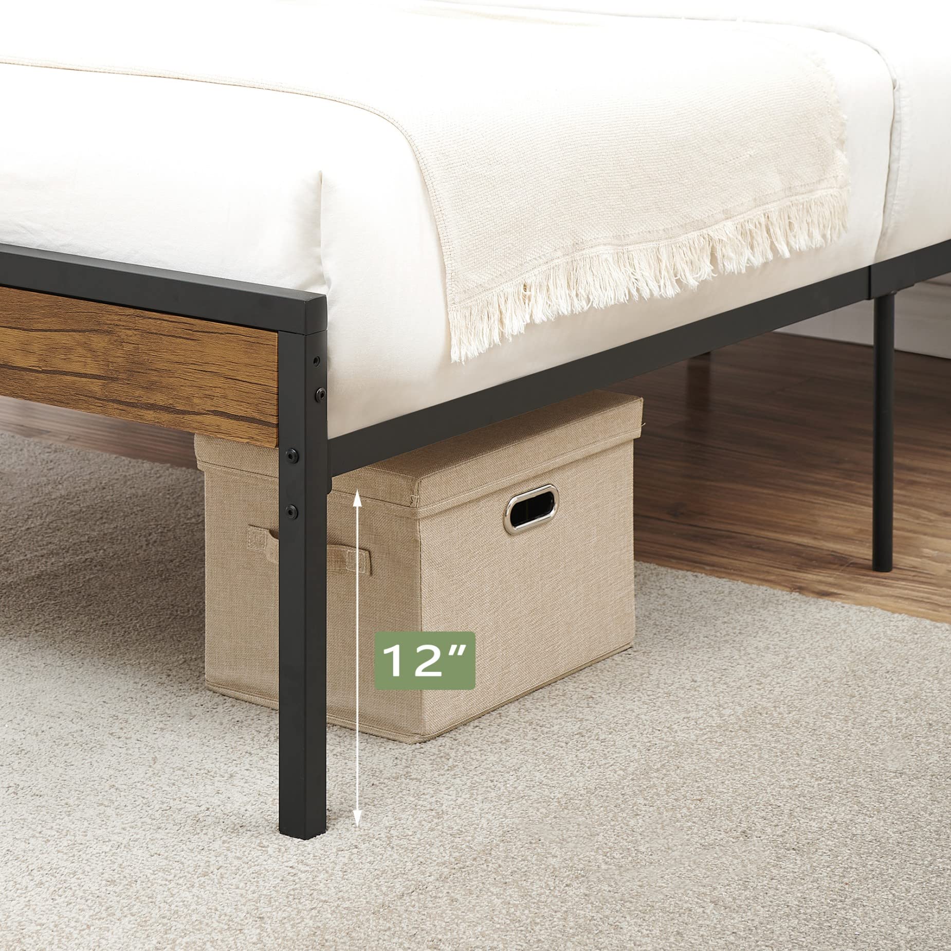 Alkmaar Twin Size Bed Frame with Wooden Headboard & Metal Slats - Sturdy Platform Bed with Underbed Storage Space, No Box Spring Required - Black Modern Bedroom Furniture for Small Spaces & Guest Rooms