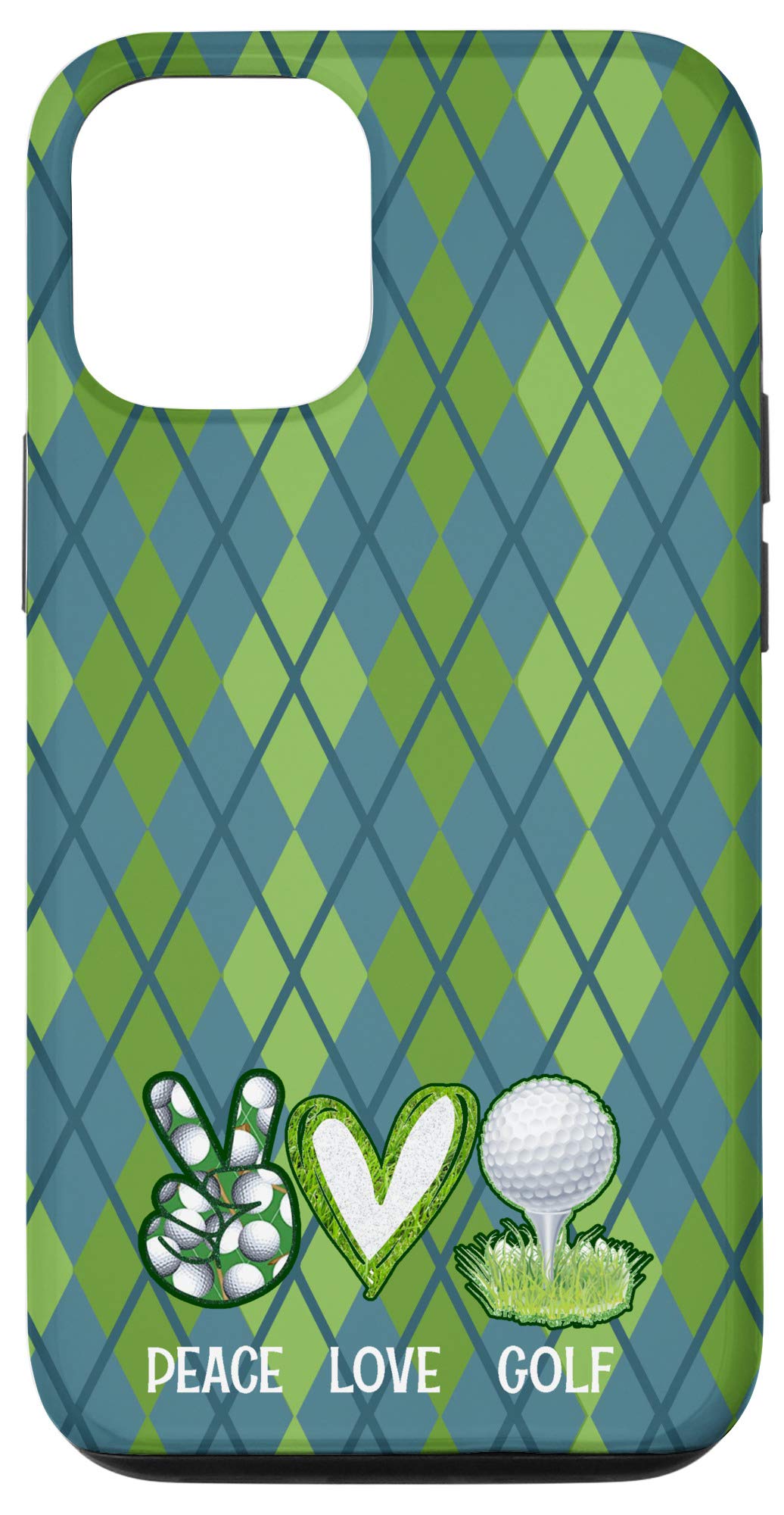 Premium iPhone 12/12 Pro Case - Green & Blue Argyle Pattern with Peace, Love & Golf Ball Heart Design | Trendy Protective Cover for Everyday Use, Golf Outings & Casual Style