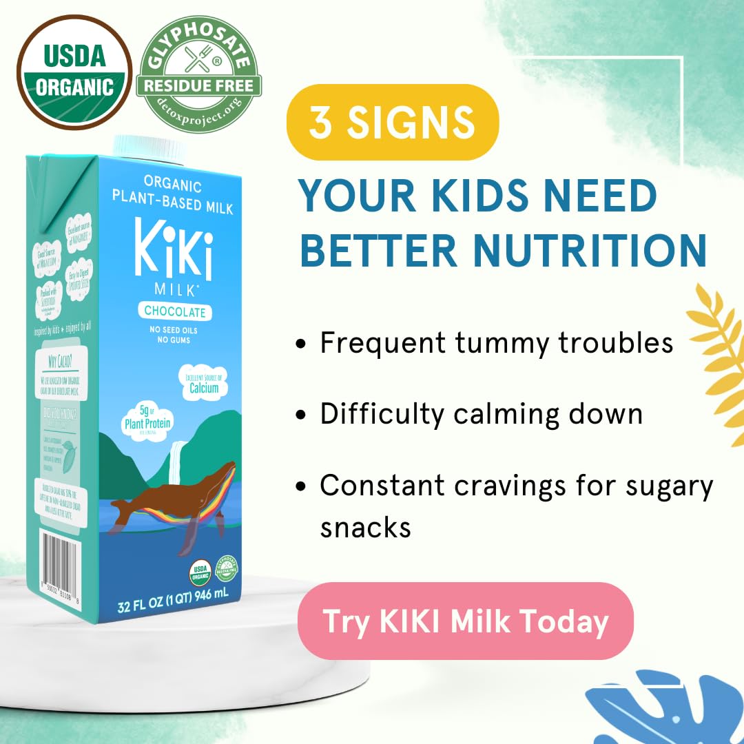 Organic Chocolate Kiki Plant-Based Milk - Rich in Calcium & Magnesium - Gluten, Gum, GMO, Dairy, Soy & Glyphosate Free - Shelf-Stable (32oz, 6-Pack) - Perfect for Smoothies, Baking & Healthy Breakfasts