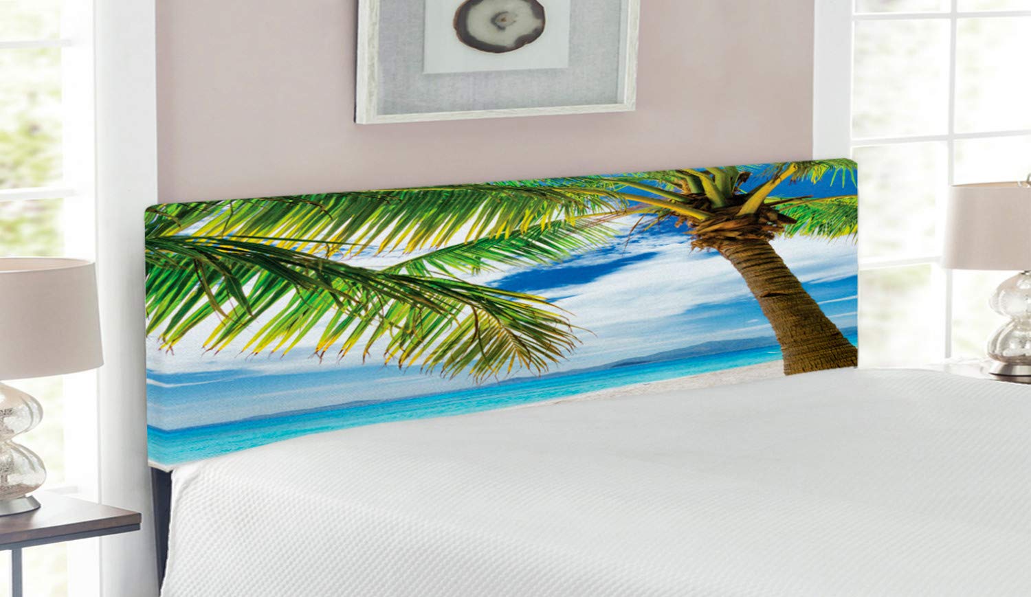Ambesonne Queen Size Upholstered Headboard with Memory Foam - Lonely Palm Tree & Sandy Beach Design in Coconut Green Blue - Decorative Metal Bed Frame for Coastal & Tropical Bedroom Decor | Perfect for Beach House, Vacation Rental or Boho Chic Bedroom