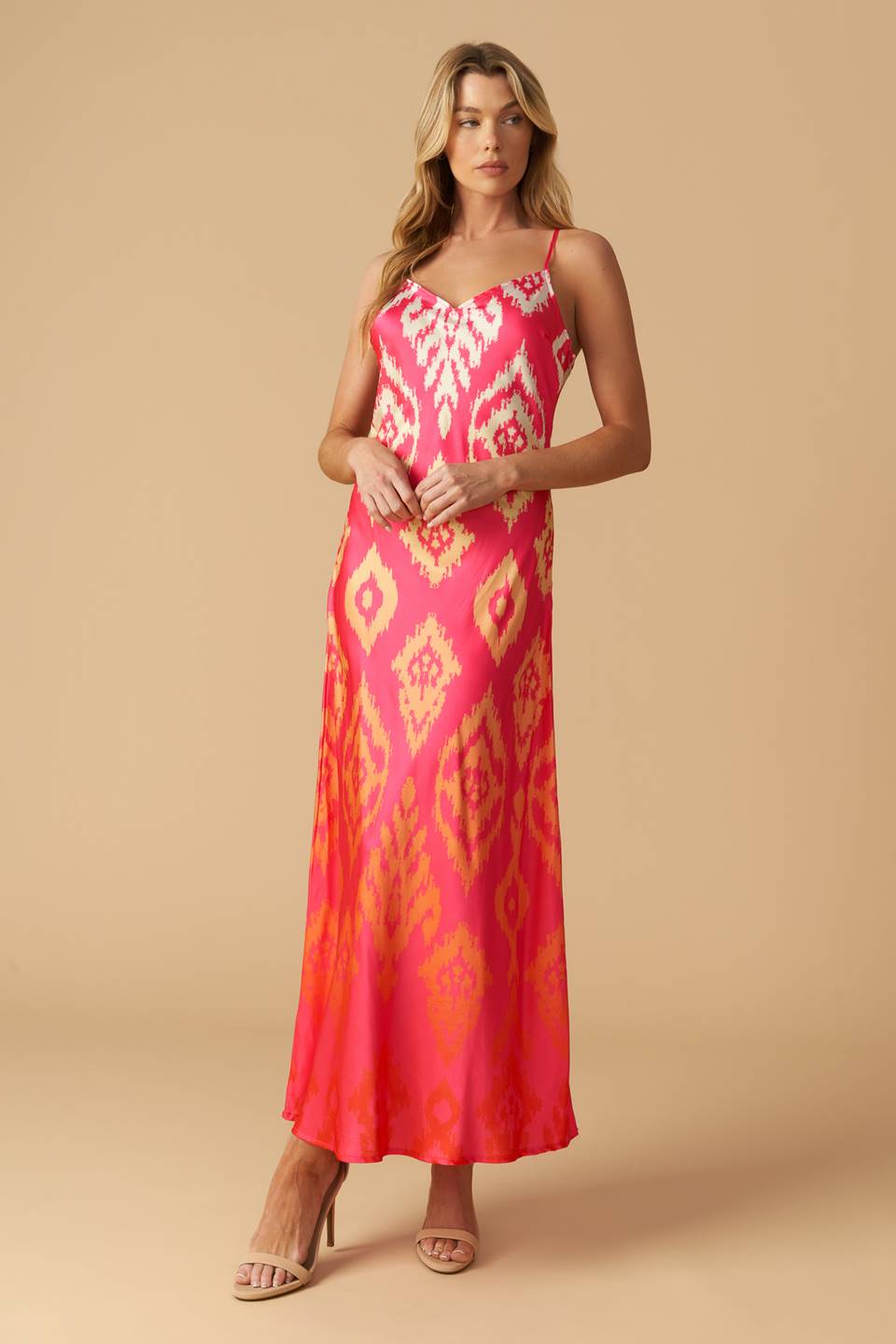 INDIE PINK IKAT SLIP DRESS - Women's Boho Floral Print Summer Dress - Perfect for Beach Vacations, Music Festivals & Date Nights