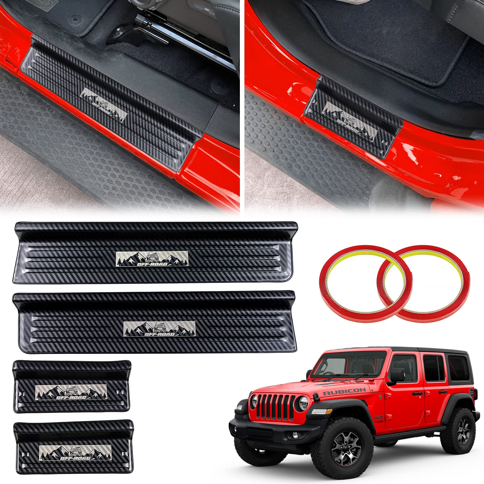 304 Stainless Steel Door Sill Guards with Carbon Fiber Pattern - Compatible with Jeep Wrangler JL/JLU (2018-2025) & Gladiator JT (2020-2025) - Durable Car Accessories for Off-Road Protection & Interior Style Enhancement