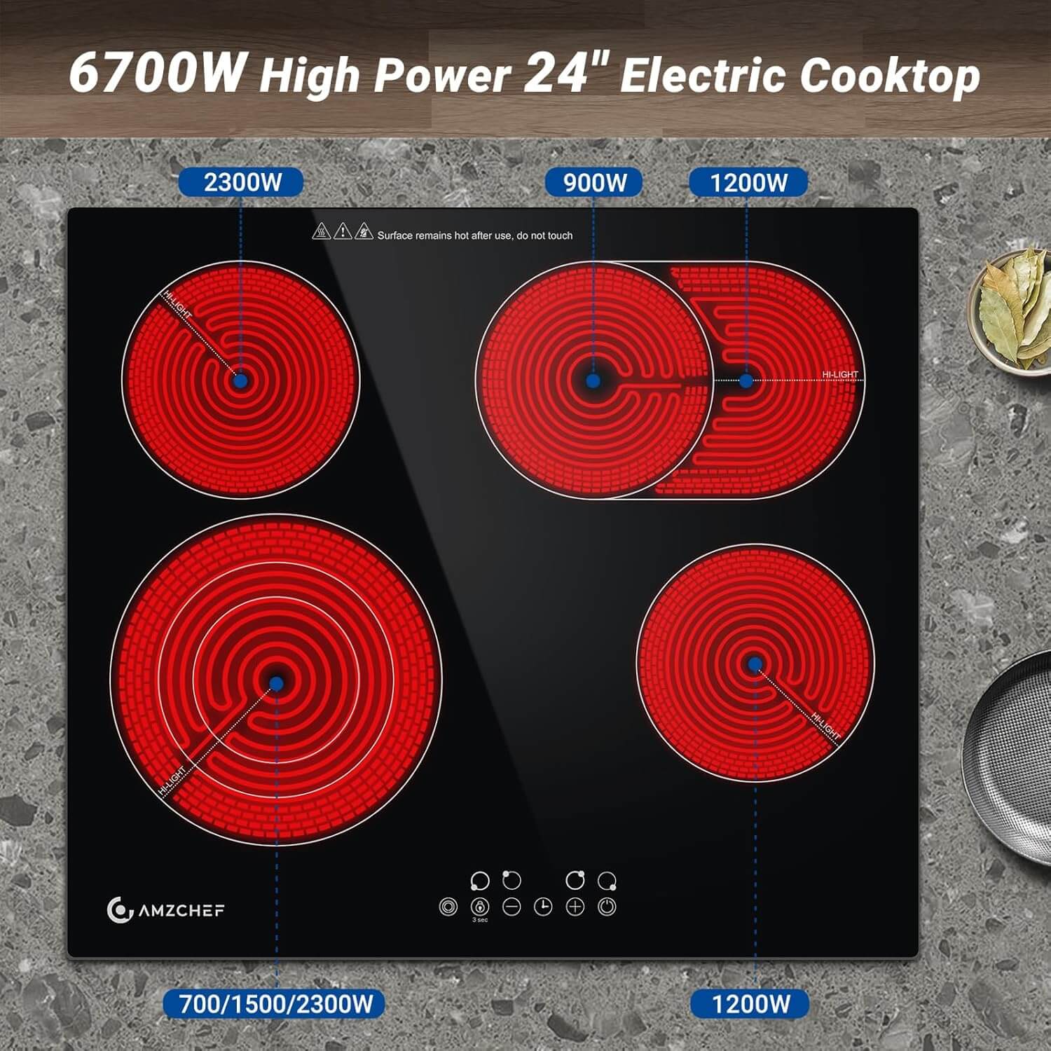 AMZCHEF 24 Inch Built-in Electric Cooktop with 4 High Power Burners - 6700W Fast Heating for Professional Cooking - Perfect for Home Kitchens, Apartments & RVs