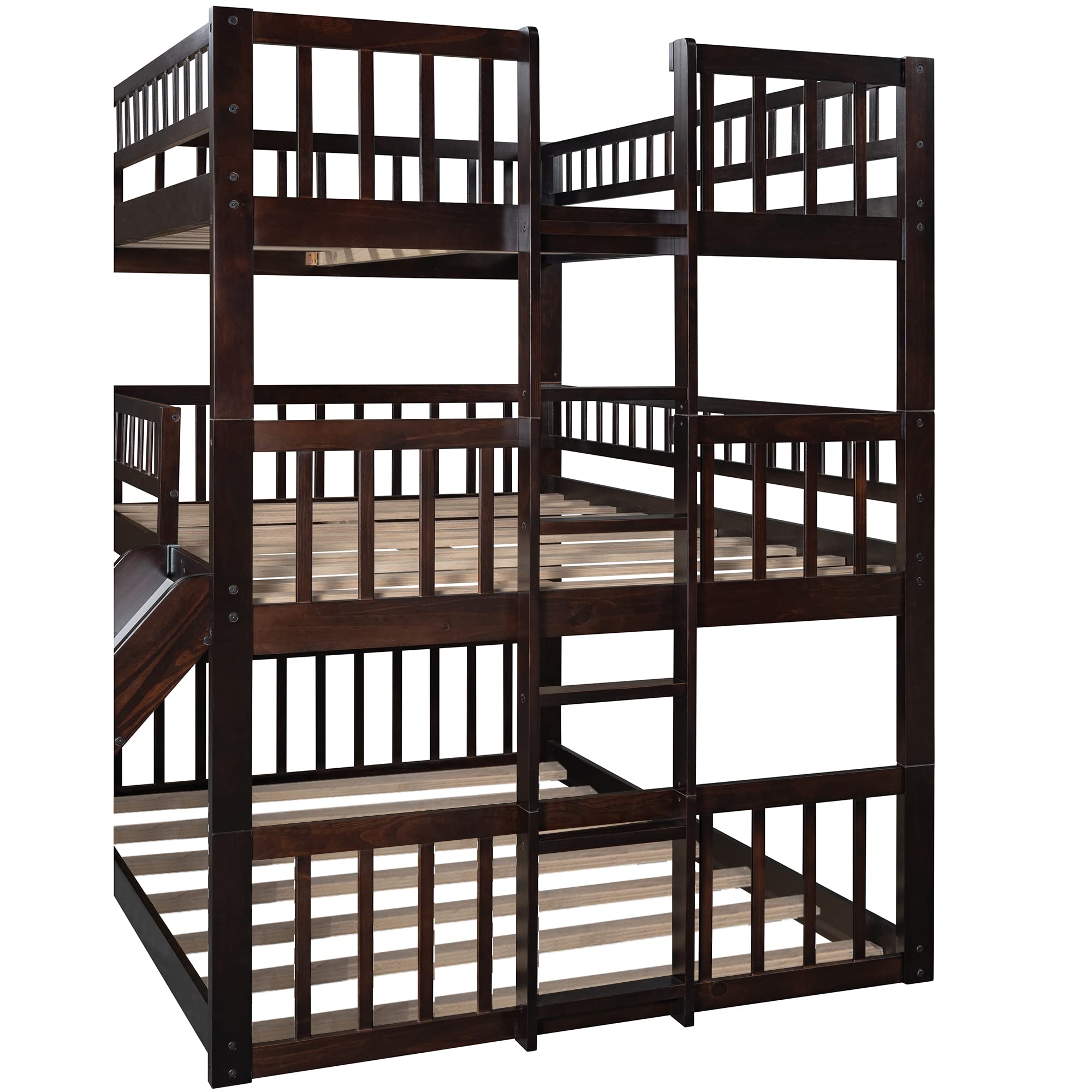 Harper & Bright Designs Triple Bunk Beds with Slide - 3 Full Size Bunk Beds for Kids, Teens & Adults - Solid Wood Frame with Built-in Ladder - Space Saving Solution for Small Rooms, Vacation Homes & Shared Kids Bedrooms (Full, Espresso)