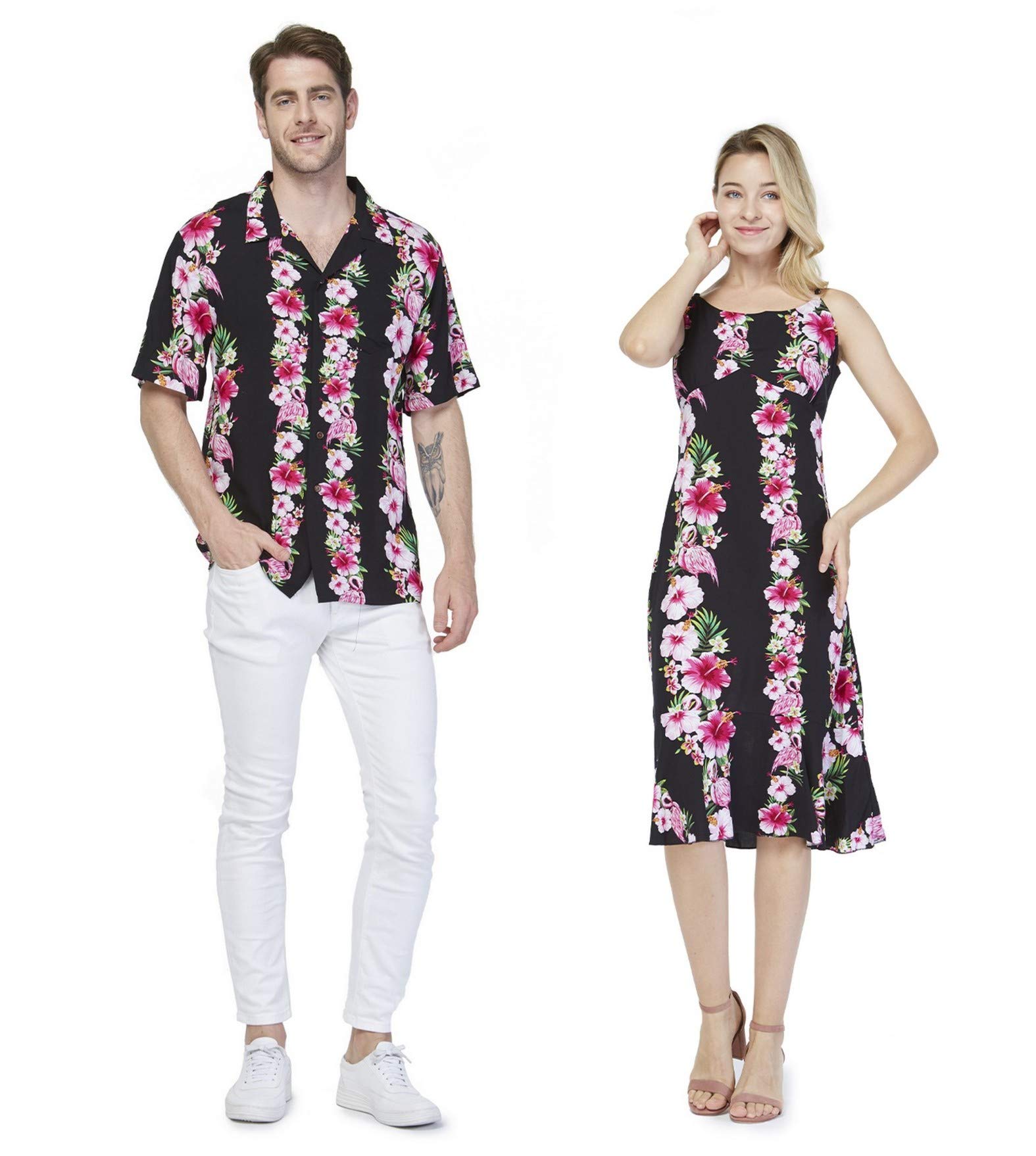 Couple Matching Hawaiian Luau Shirt & Mermaid Dress Set - Midnight Bloom Floral Print - Beach Vacation, Luau Party, Summer Date Night Outfits