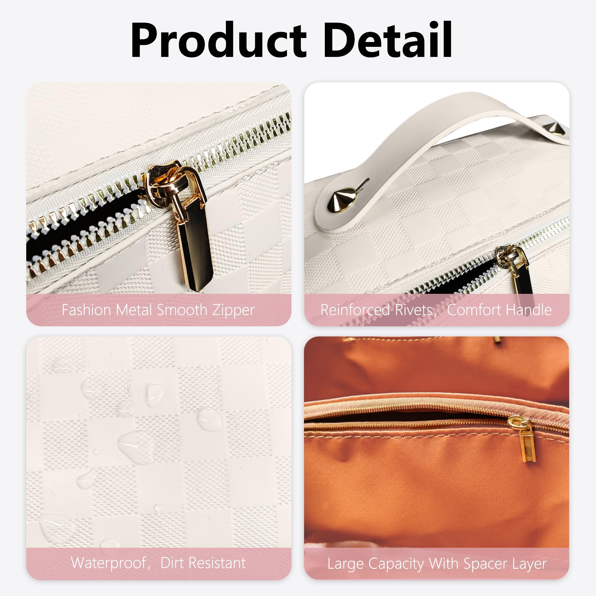 Large Checkered Makeup Bag for Women - Waterproof Travel Cosmetic Organizer with Multiple Pockets (White Checkered Pattern) | Perfect for Travel, Gym, Daily Use & Gift Giving