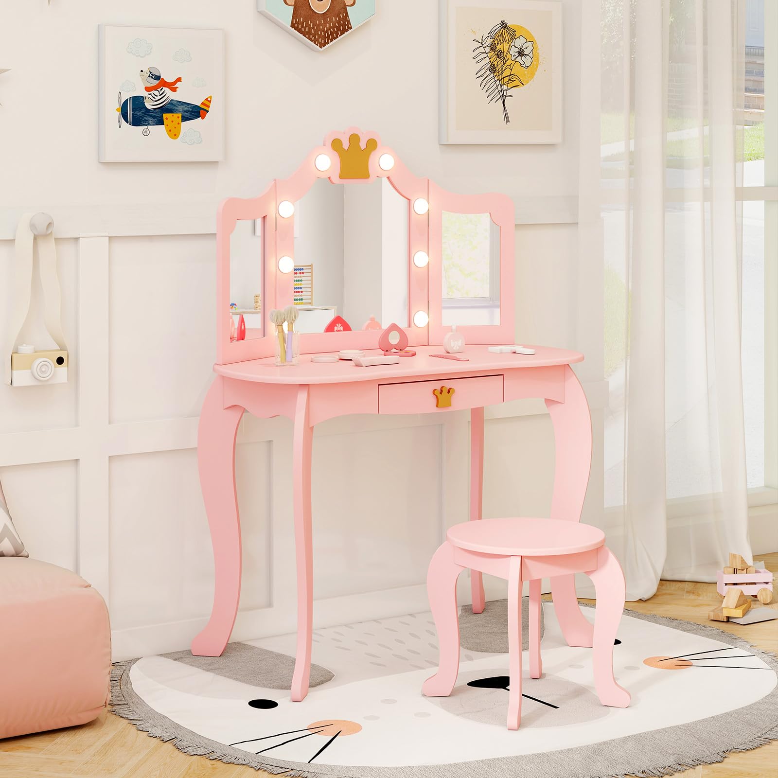 GLACER Pink Wooden Princess Makeup Vanity Set with Mirror, Stool & LED Lights - 2-in-1 Kids Vanity Desk with 3 Lighting Modes, Storage Drawer & Chair - Perfect for Bedroom Decor, Birthday Gifts & Pretend Play for Girls Ages 3-8