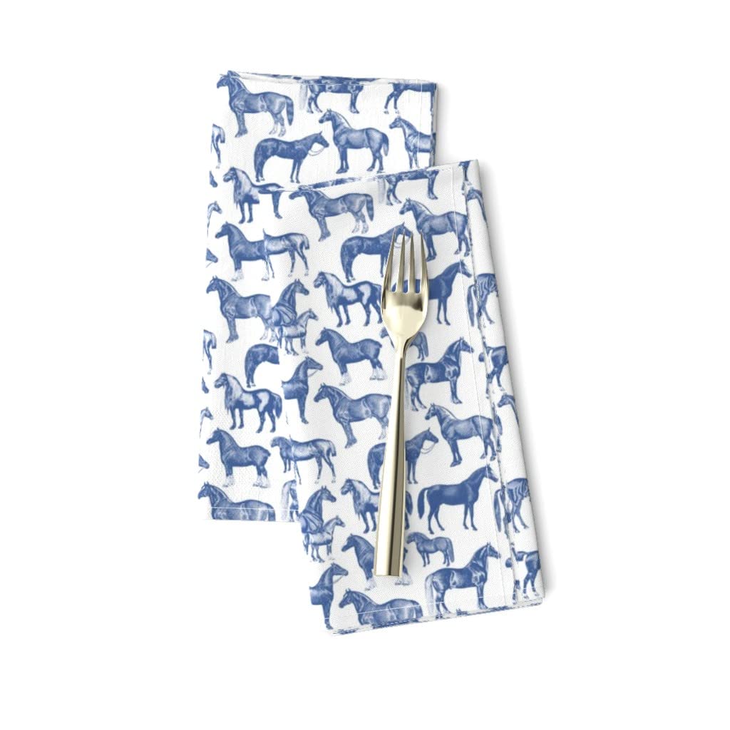 Premium Linen Cotton Canvas Dinner Napkins Set of 2 - Blue Horse Pattern Equestrian Farmhouse Style for Formal Dining & Casual Gatherings