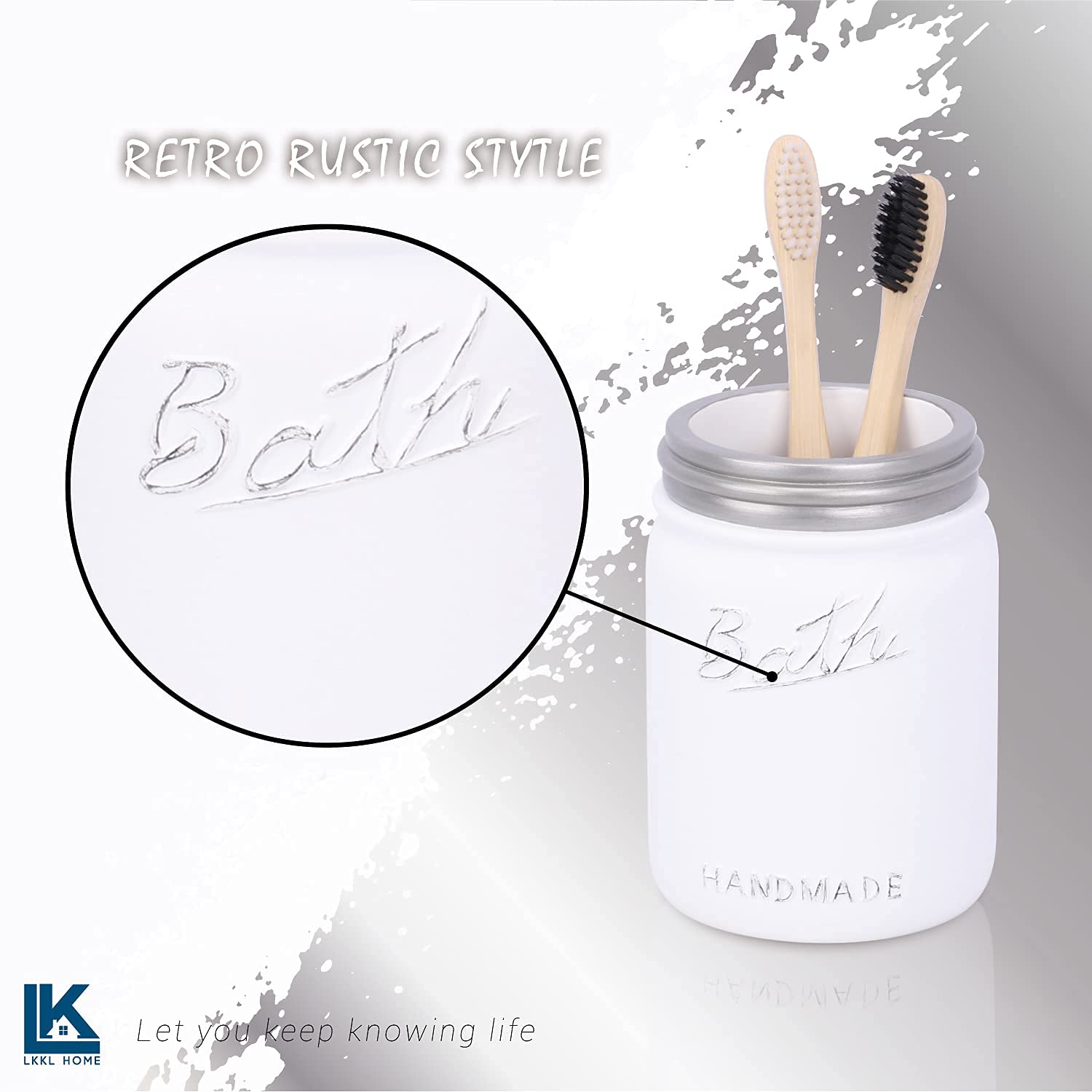 5PCS Mason Jar Bathroom Accessories Set - Toothbrush Holder, Soap Dispenser, Vanity Tray & Cotton Swab Organizer - Rustic Farmhouse Bathroom Decor (Silver/White) for Spa-Like Vanity Organization