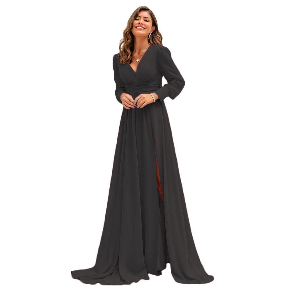 XYAYE Women's Long Sleeve Chiffon Bridesmaid Dress - A-Line Formal Evening Gown with V Neck & High Slit for Wedding, Prom, Party | Elegant Plus Size Special Occasion Dress