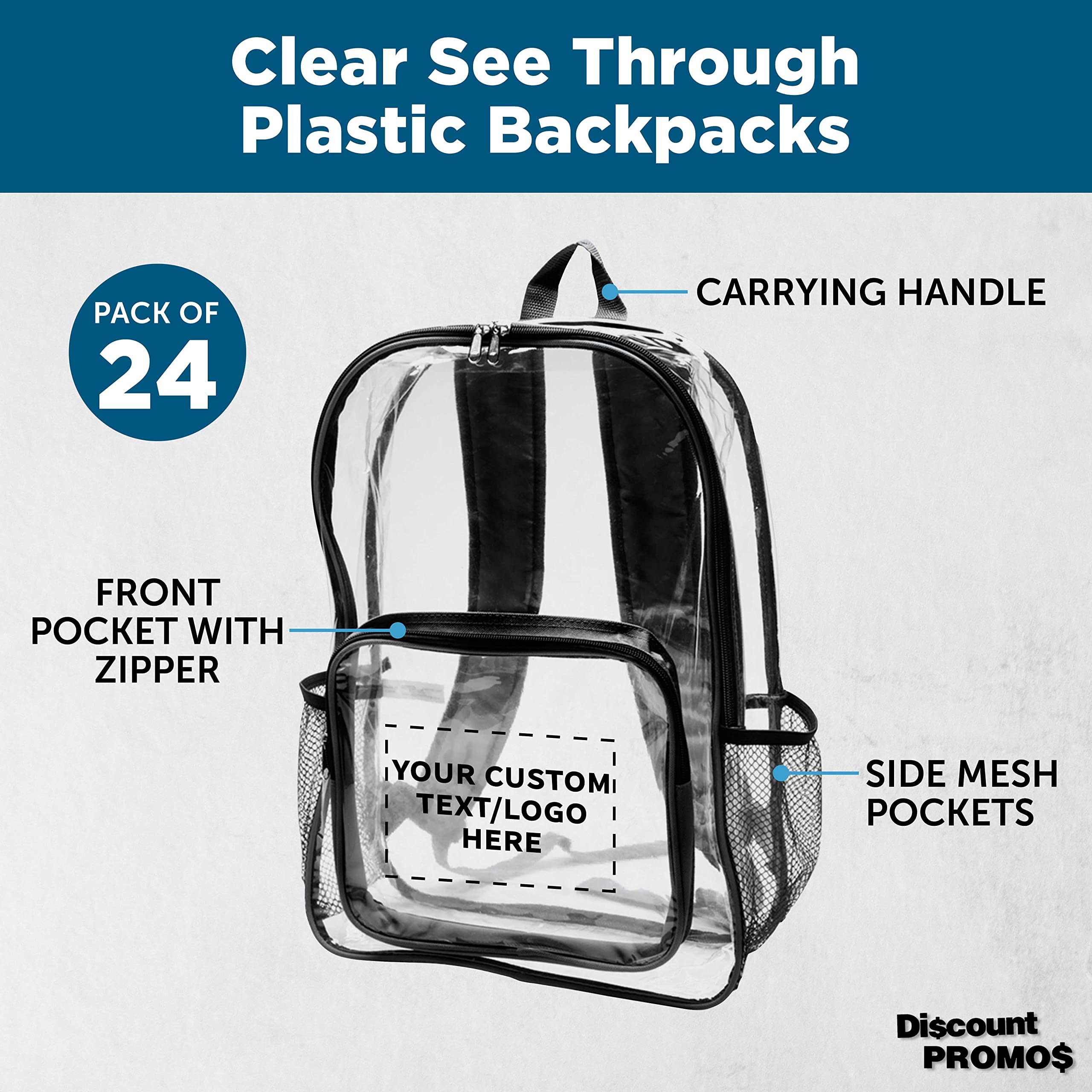 Custom Heavy Duty Clear PVC Backpacks - Set of 24 Bulk Pack, Water Resistant & Durable for Travel, School, Events & Security Use - Clear/Black Options Available