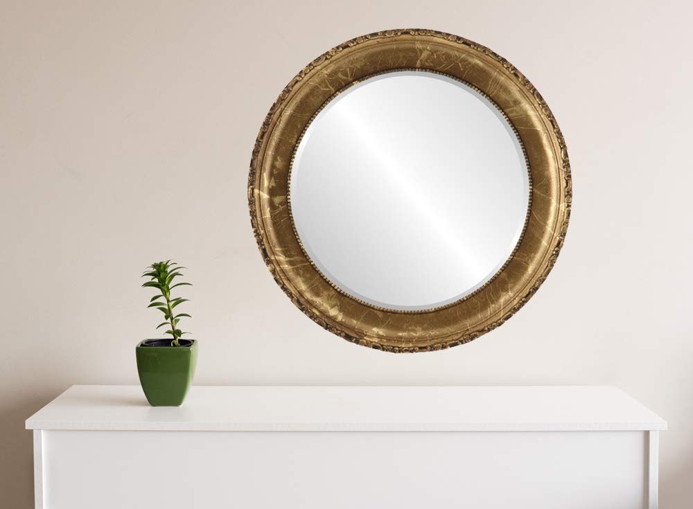 Ovalcrest 33x33 Inch Round Wooden Beveled Wall Mirror - Champagne Gold Frame for Bathroom, Bedroom, Living Room & Hallway Decor | Elegant Vanity Mirror for Home & Apartment Decorating