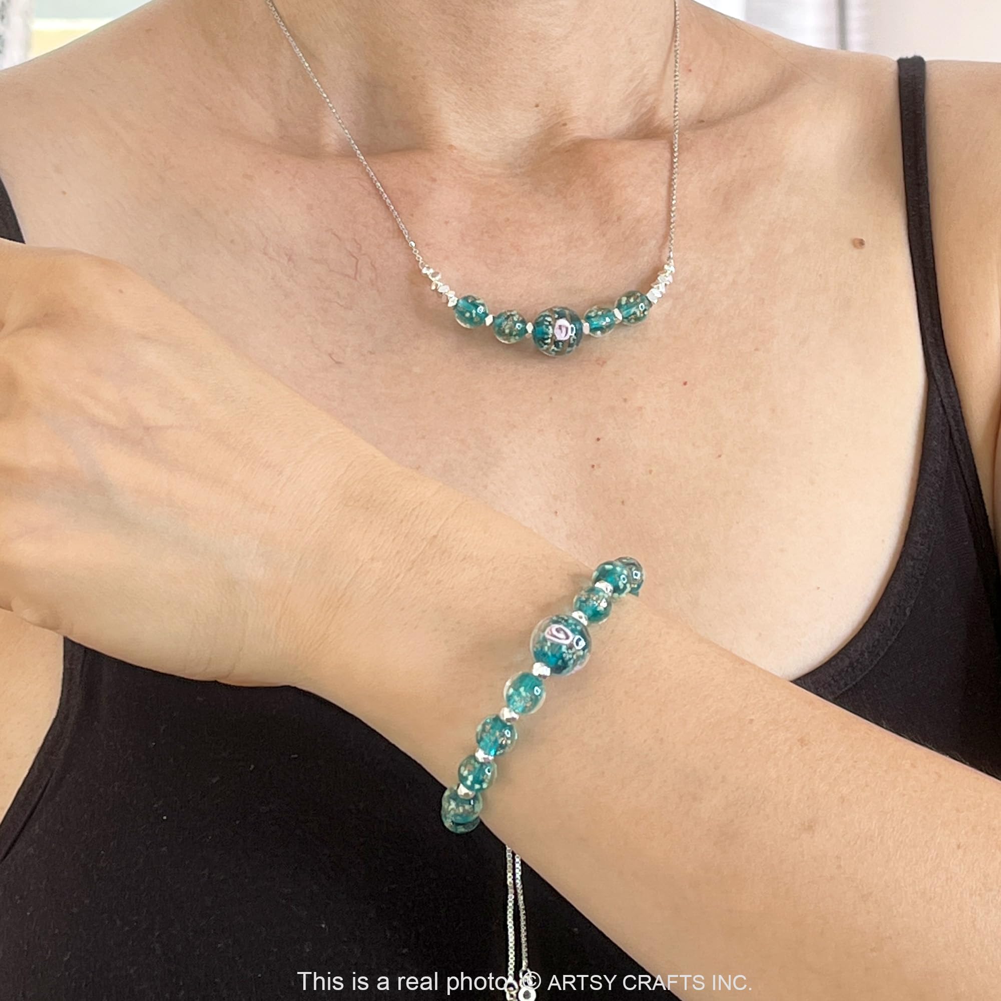 Glow in The Dark Firefly Beads Bracelet & Necklace Set - Murano Glass Beads Crystal Birthstone Jewelry with Adjustable Slider Chain | Handmade Luminous Glass Beads for Women, Girls | Perfect for Night Parties, Rave Events & Gift Giving