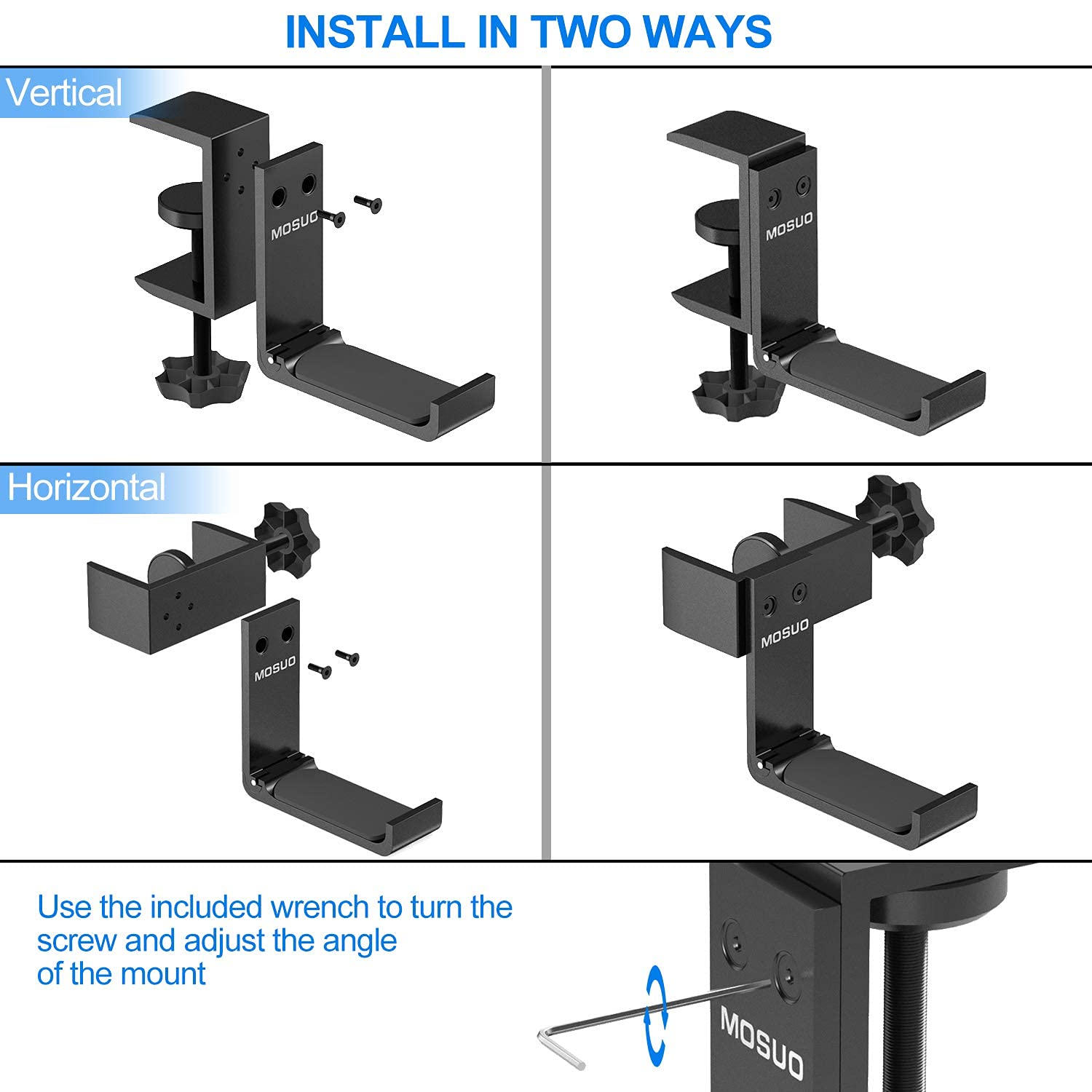 MOSUO Adjustable Aluminum Gaming Headset Stand - Universal Headphone Holder for Wired & Wireless Headsets, Bluetooth Headphones - Perfect for Desk, Office, and Gaming Setup (Black)