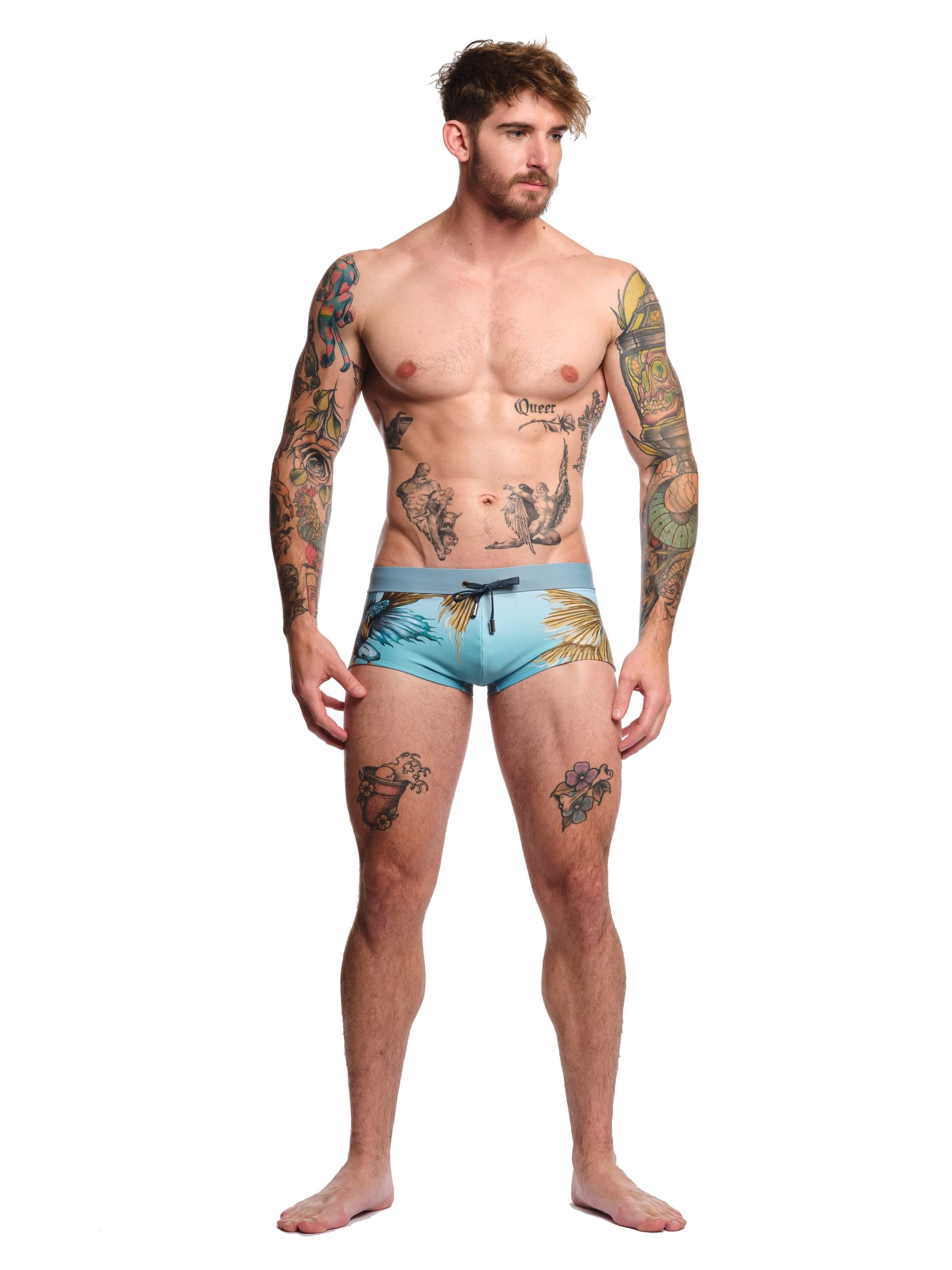 Premium Blue Swim Trunks for Men - Quick Dry Fighting Fish Design Beach Shorts for Swimming, Surfing & Summer Vacations