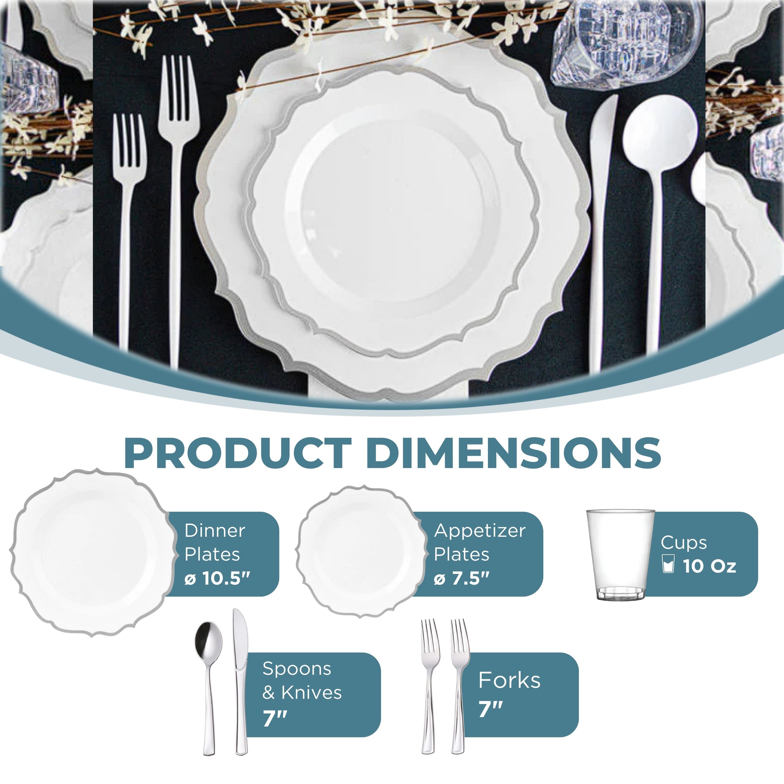 White and Silver Plastic Party Bundle - Elegant Disposable Tableware Set for Weddings, Birthdays & Events - Perfect for Celebrations, Gatherings & Special Occasions