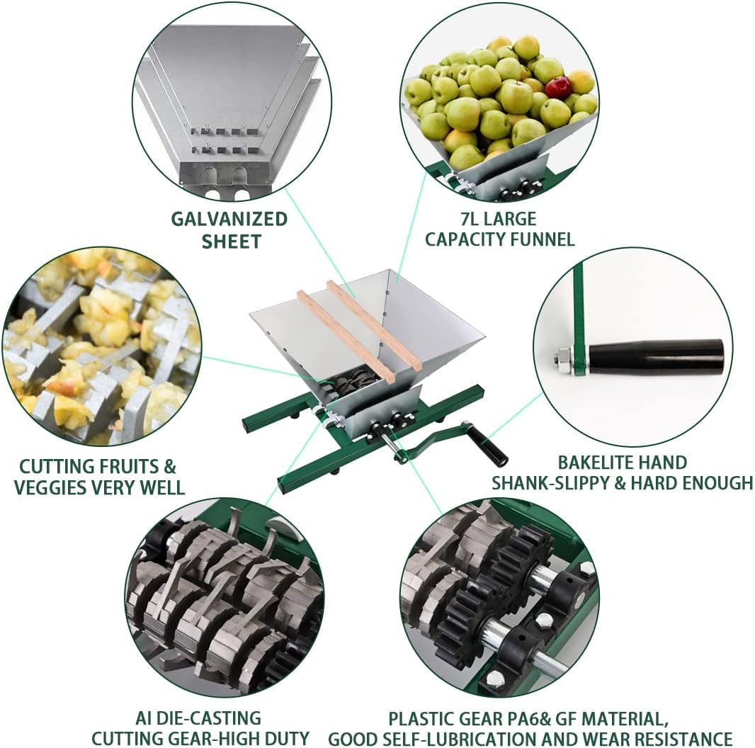 Premium 7L (1.8 Gal) Stainless Steel Fruit Crusher for Wine & Cider Making - Manual Apple Grinder with Large Capacity for Juicing, Pulp Extraction - Perfect for Home Brewing, Vinegar Production & Fruit Processing (Green)