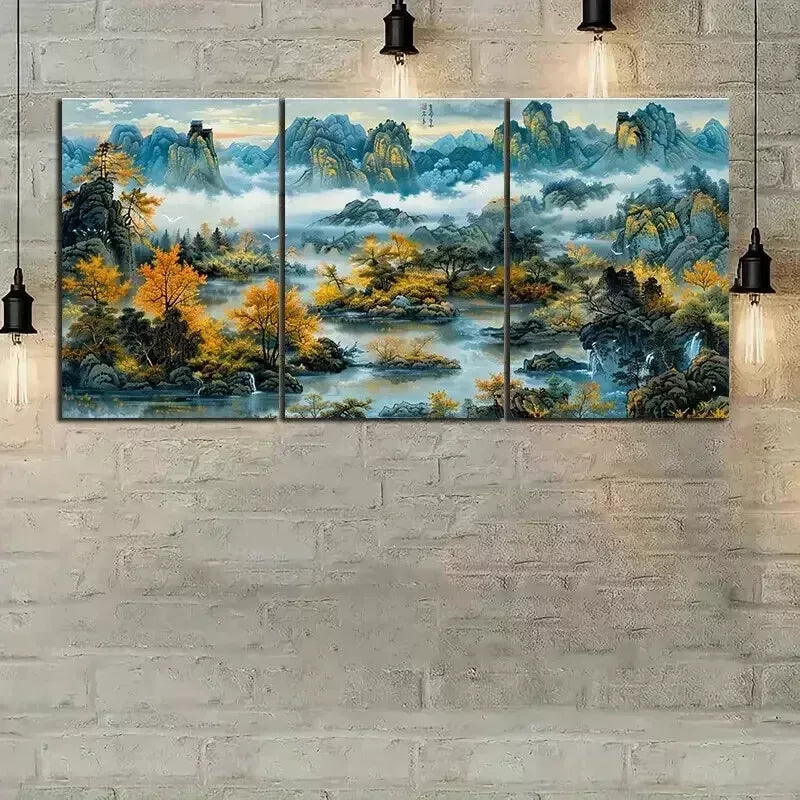 3-Piece Chinese Style Landscape Wall Art Set - Framed Canvas Prints 50x70cm - High Quality Handmade Wall Decor - Ready to Hang for Living Room, Bedroom & Office Decor