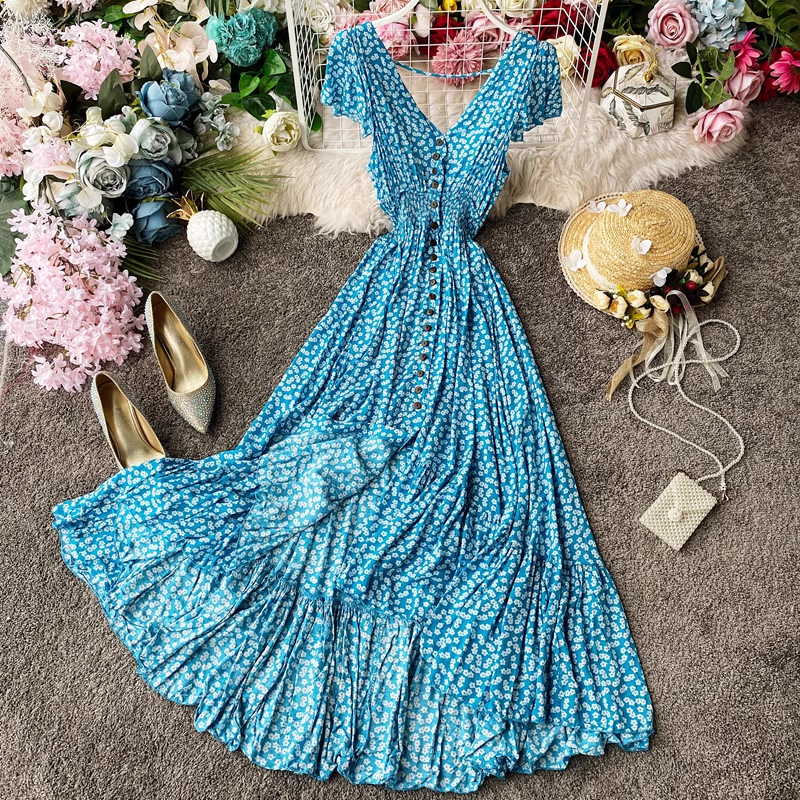Elegant Fairy Floral Print Maxi Dress with Open Back & Pleated Skirt - Perfect for Summer Weddings, Beach Vacations & Boho Fashion
