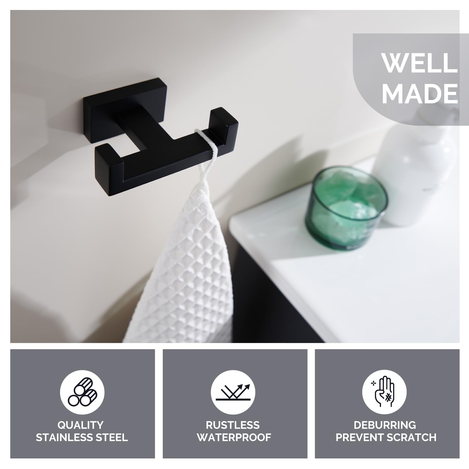 Double Towel Hook & Toilet Paper Holder Set - Matte Black Bathroom Organizer for Wall Mounting | Space Saving Solution for Bathrooms, Laundry Rooms & Kitchens