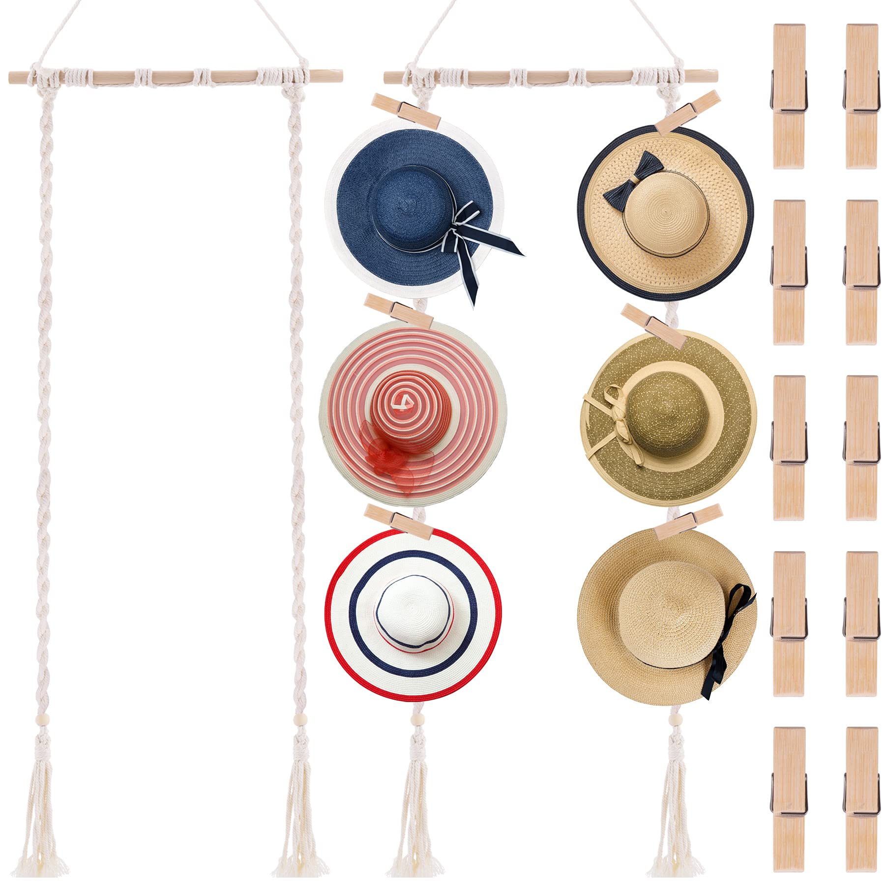 FEQO Wooden Boho Hat Organizer - Wall Mounted Hat Holder with 10 Wooden Clips for Hats, Scarves & Accessories - Stylish Bohemian Home Decor for Bedroom, Entryway & Closet Organization